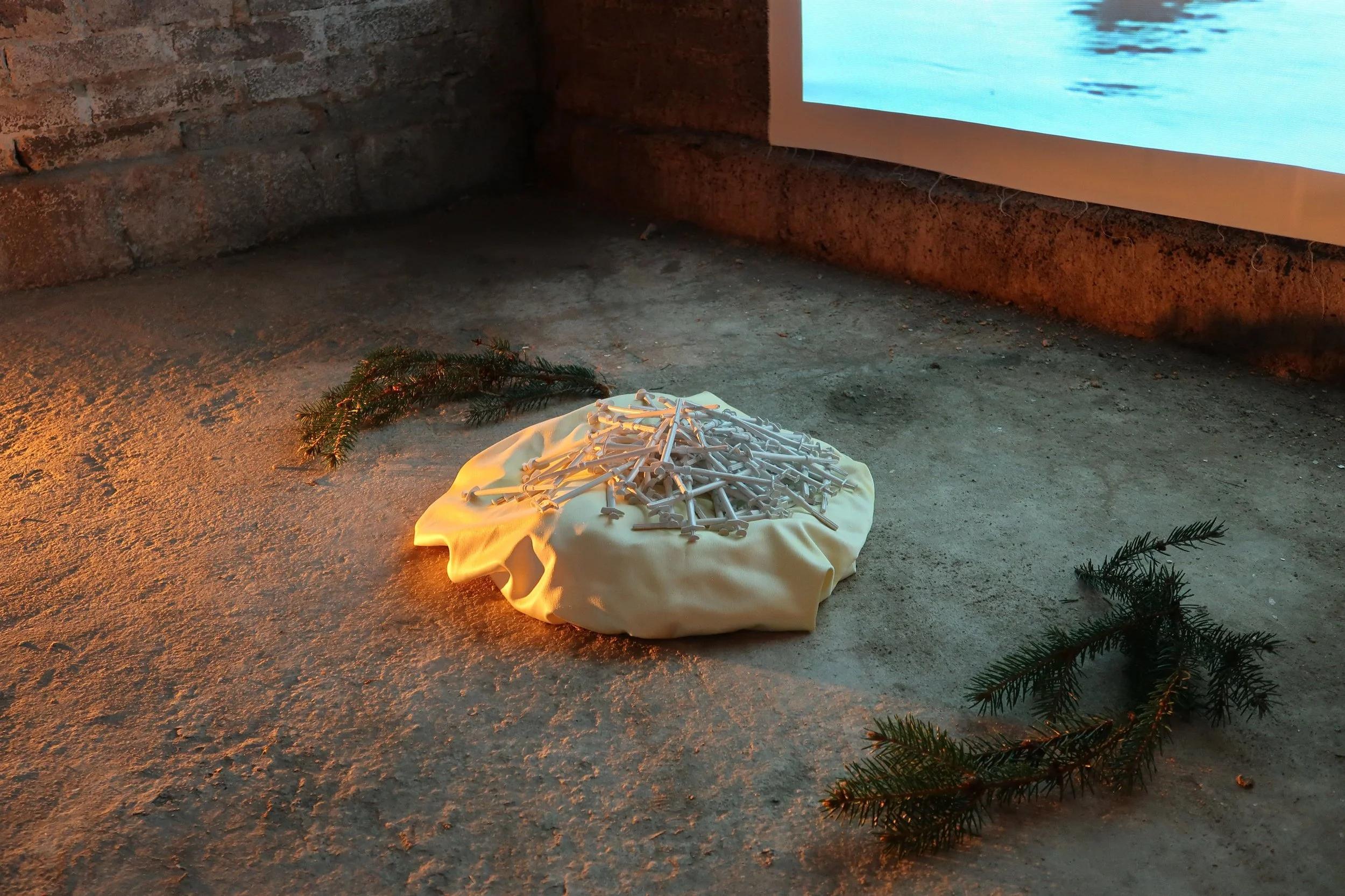  Detail Shot,&nbsp; Sculpture of 104 (2 years worth of) individually cast Plaster and Resin T-Injection Needles. 