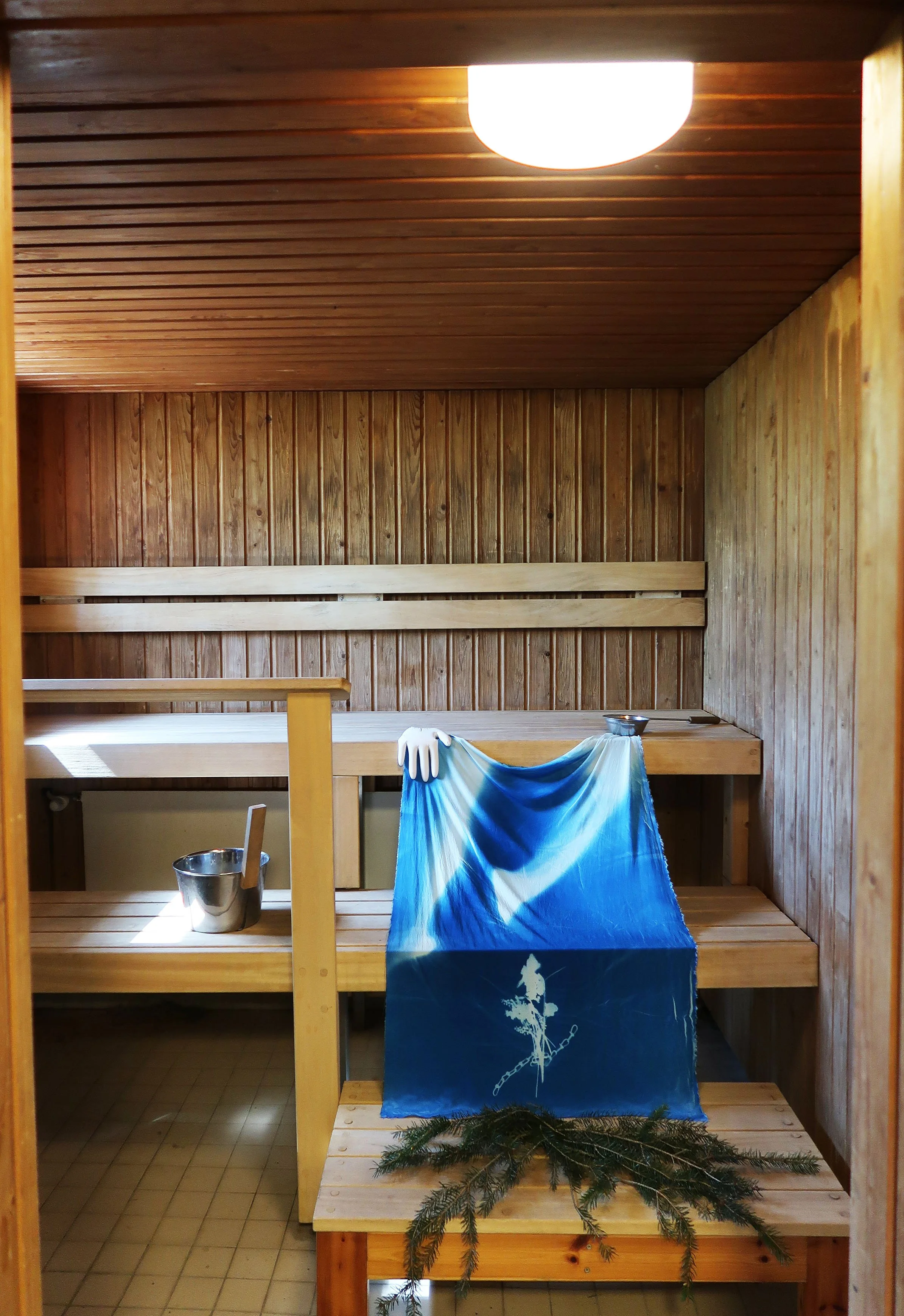  Cyanotype on Cotton Fabric, 3 ft x 6&nbsp; ft. Plaster Sculpture. 