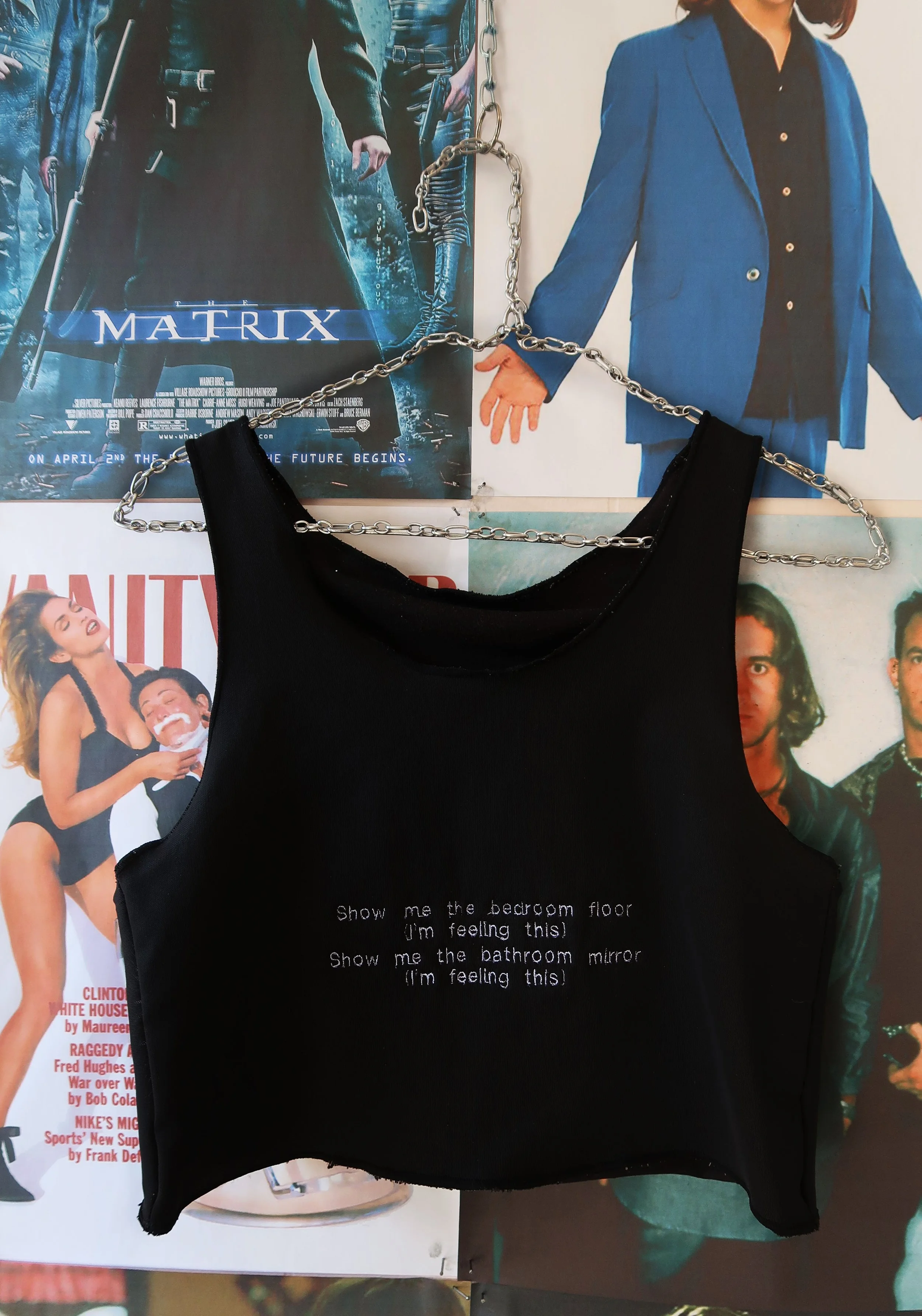  Embroidery on Binder, Chain Sculpture Hanger, Wheatpaste Xerox Print wall. 