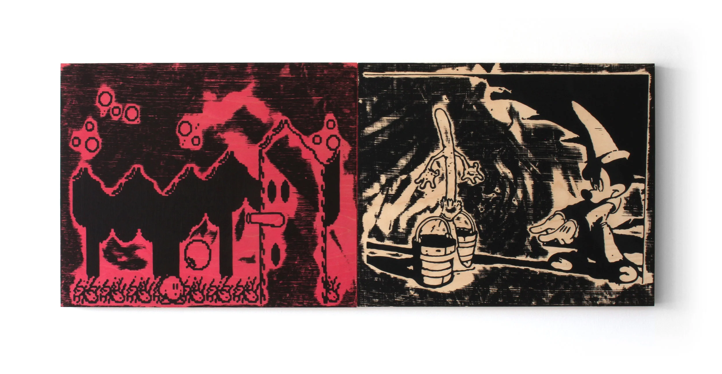 “Cabin in the woods / Beat the tree” Acrylic, dye on panel 16 × 40 in; 40.6 × 101.6 cm