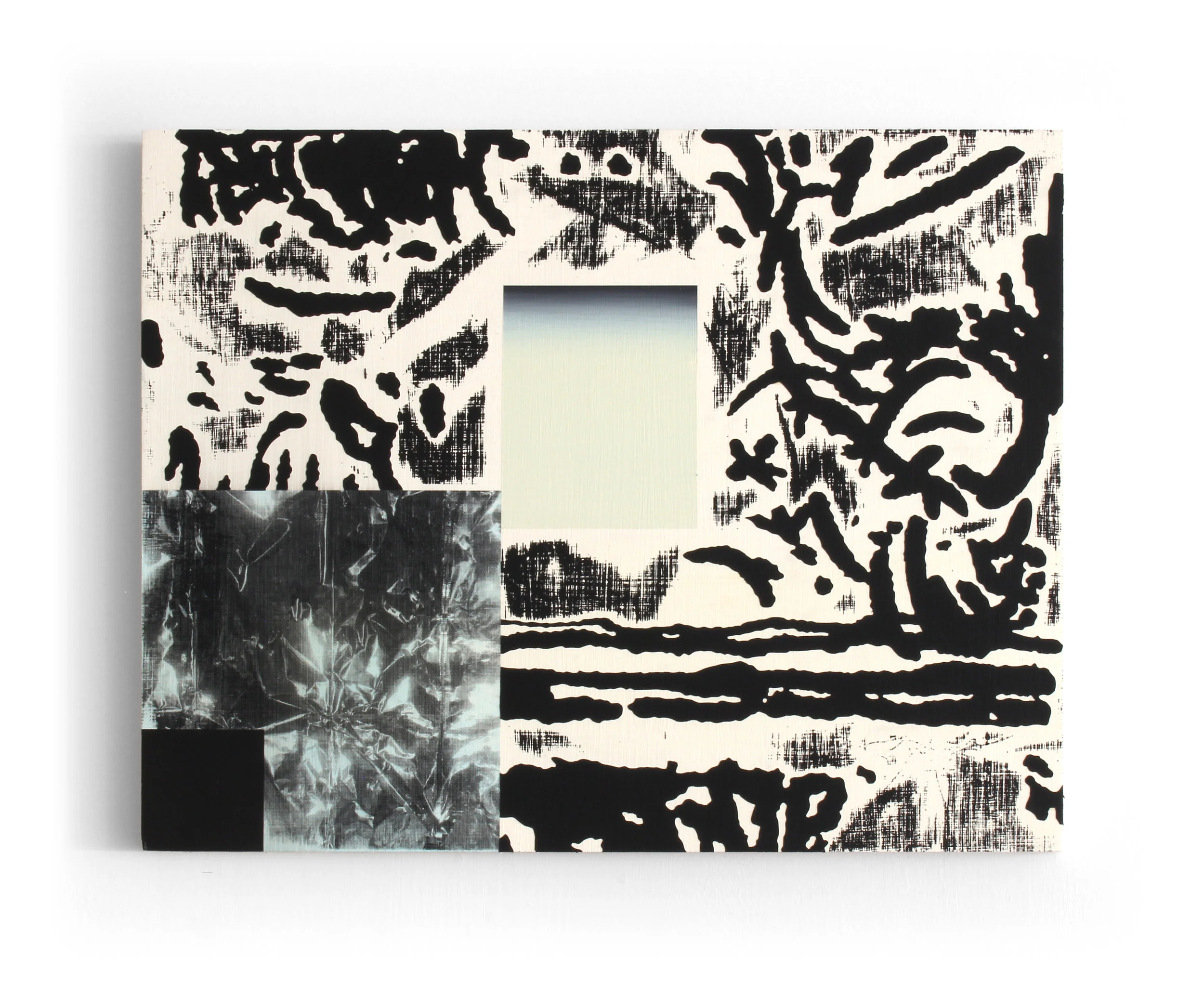 “Got Away” Acrylic, screen print, dye on panel 16 × 20 in; 40.6 × 50.8 cm