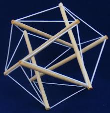 A simple tensegrity model comprised of 6 rods held together by a series of rubber bands all sharing the tension of the system, to maintain its shape, equally.