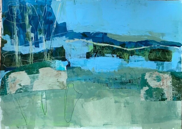 "Spring Landscape"  acrylic and collage on paper  14 x 10"