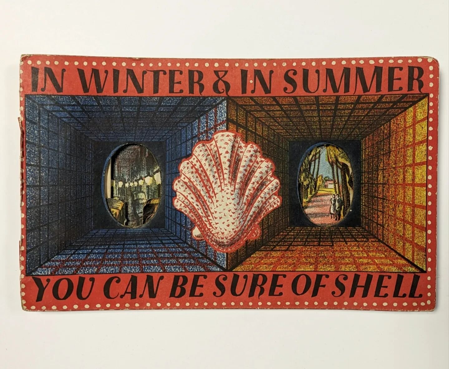 .
A rare 1930s Shell advertising peep-show &quot;In Winter &amp; In Summer You Can Be Sure Of Shell&quot; / &quot;Be Up To Date Shellubricate&quot;,
designed by Barnett Freedman &amp; published by Vincent Brooks, Day and Son, 1935.

Included in our 3