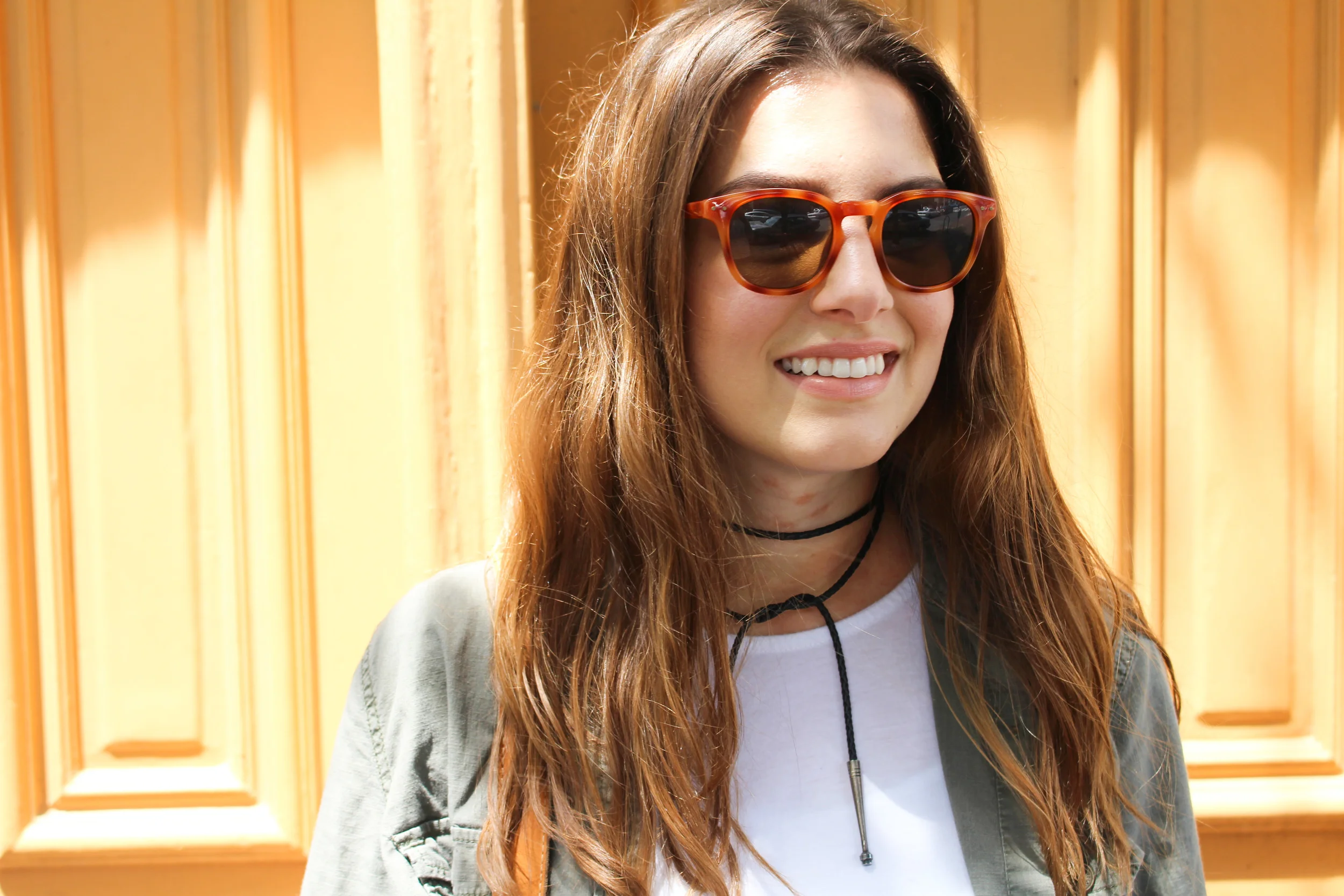 choker, white tank, army green, cole haan sunglasses