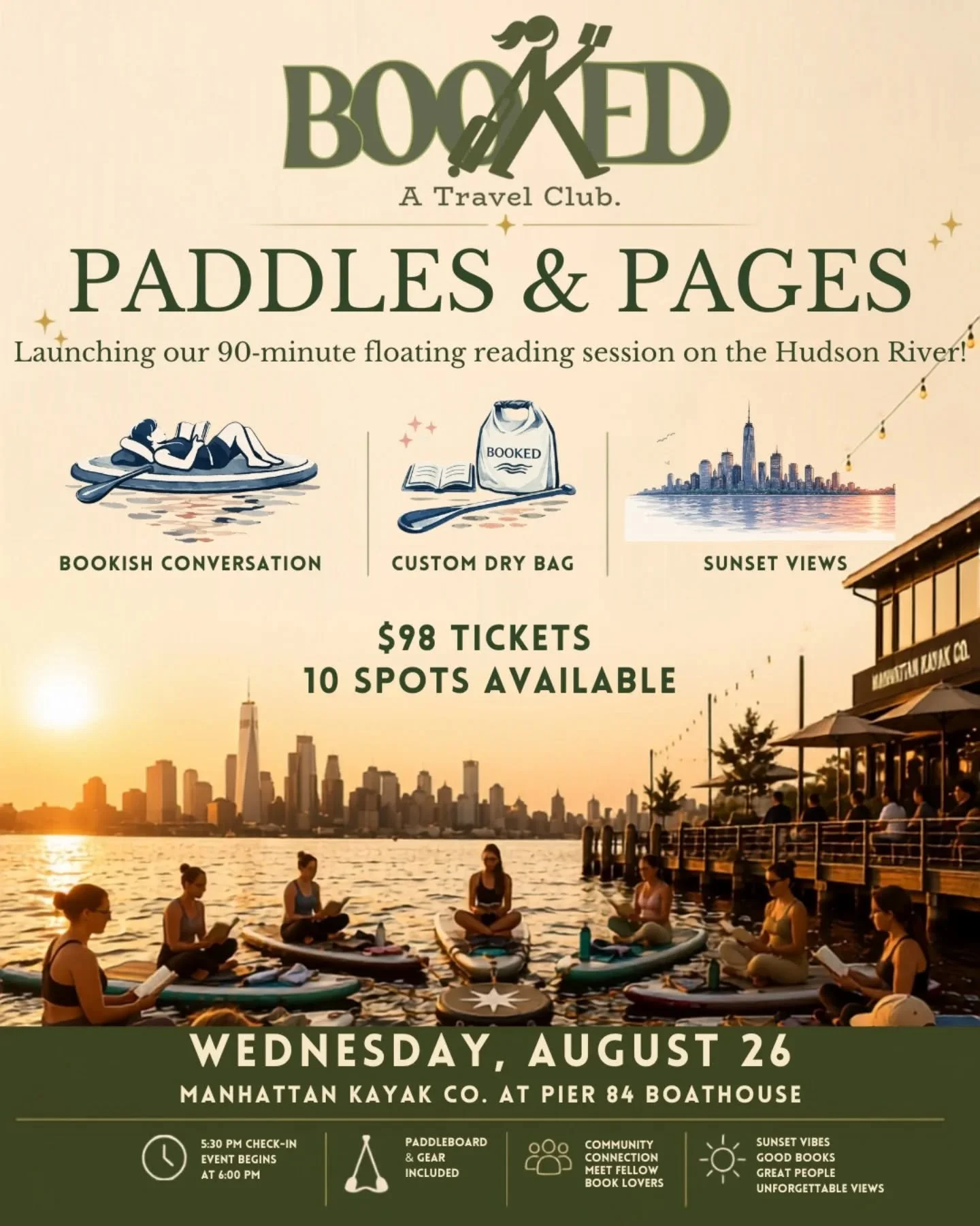 Float, read and connect. Join Booked for our first ever Paddles &amp; Pages. A 90-minute floating reading session on the Hudson River! Expect golden-hour views, bookish conversation, and a custom dry bag to keep your reads safe. Only 10 spots are ava