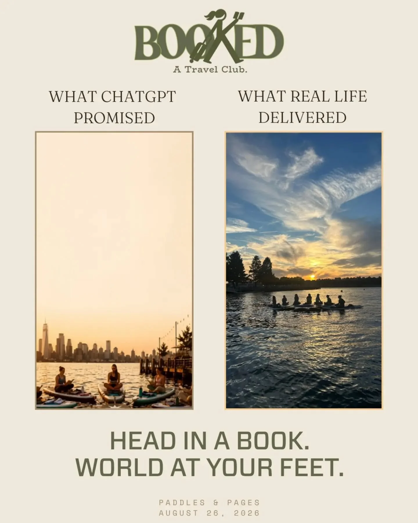 In the weeks leading up to Booked's first ever event, I couldn't get this image of a group of book-loving New Yorkers floating on the Hudson River at sunset, reading and talking about books, out of my mind. 

I had used this AI-generated image on my 