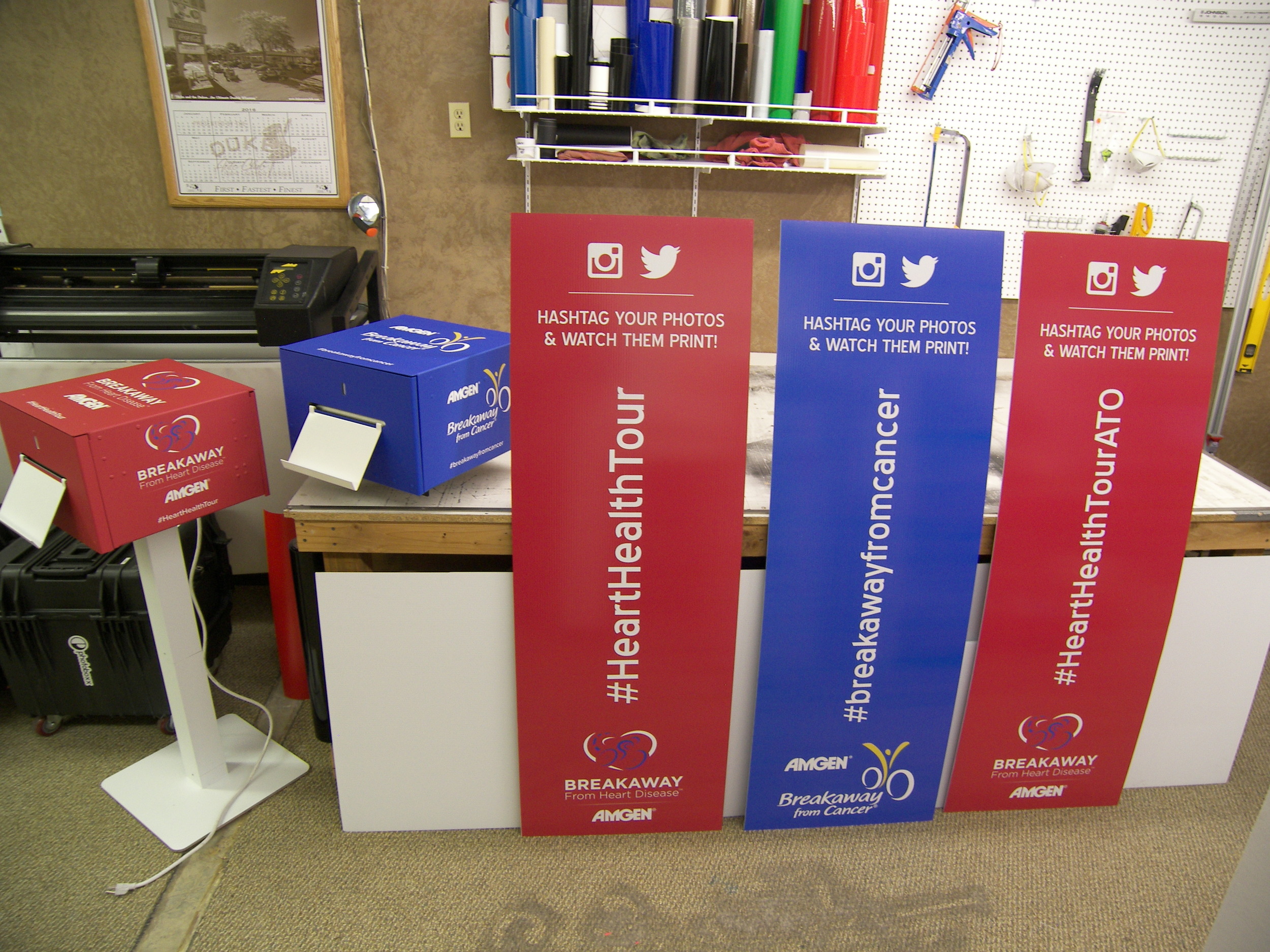 These event signs and graphics were for Photoboxx based in Spokane. They were shipped to an event in California. Two vehicle wrapped hashtag printers with three double sided corex signs. These signs traveled with a bike race group to raise awareness about heart health and cancer. 