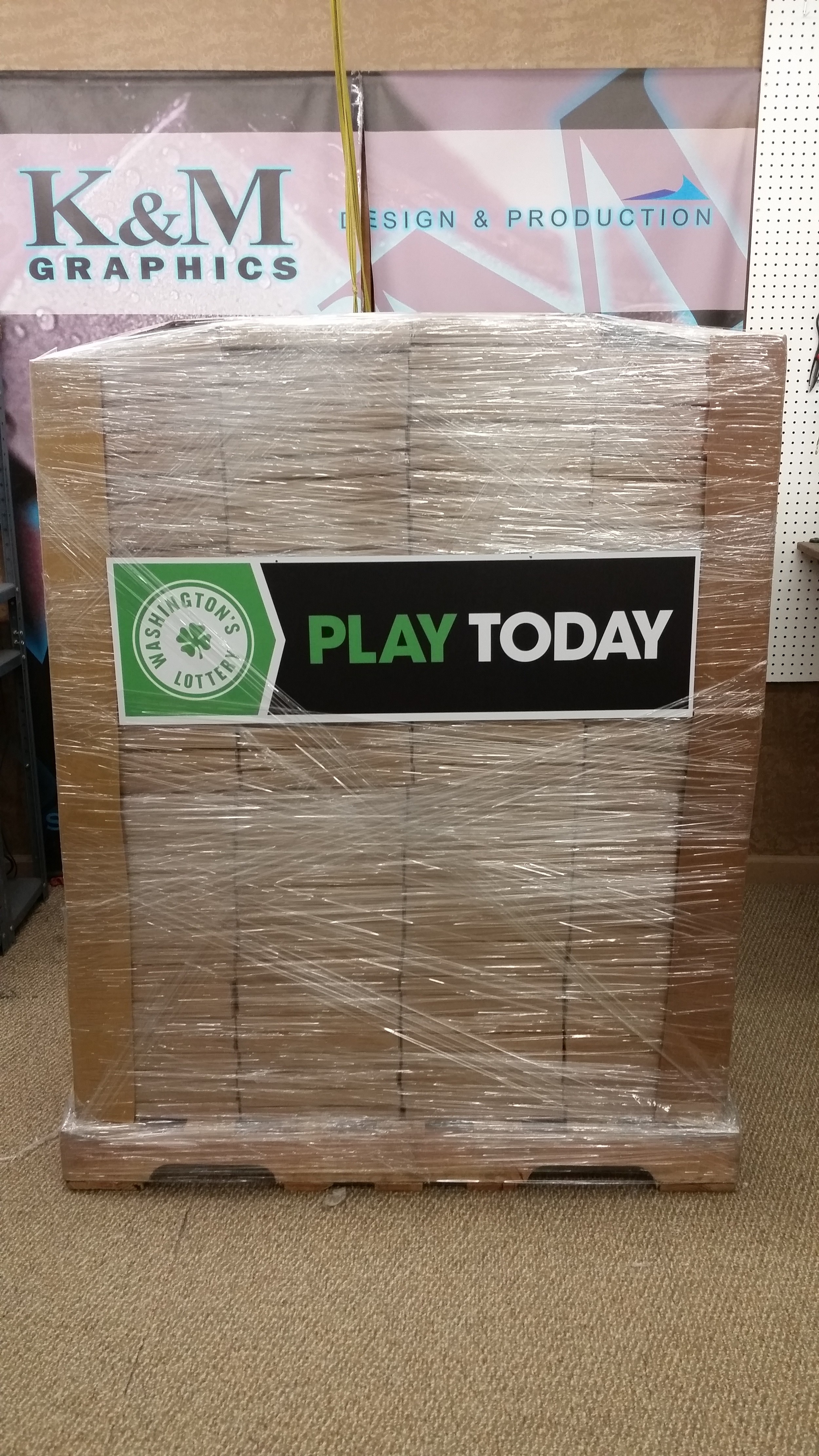 Thank you Washington Lottery for purchasing 150 double sided signs. They are digital printed with a matte laminate for interior viewing. The matter laminate does not reflect the glare of interior lights. These signs were individually packaged with a custom hanging kit for a variety of installation methods. They will be shipped to various Lottery locations thru out the state.