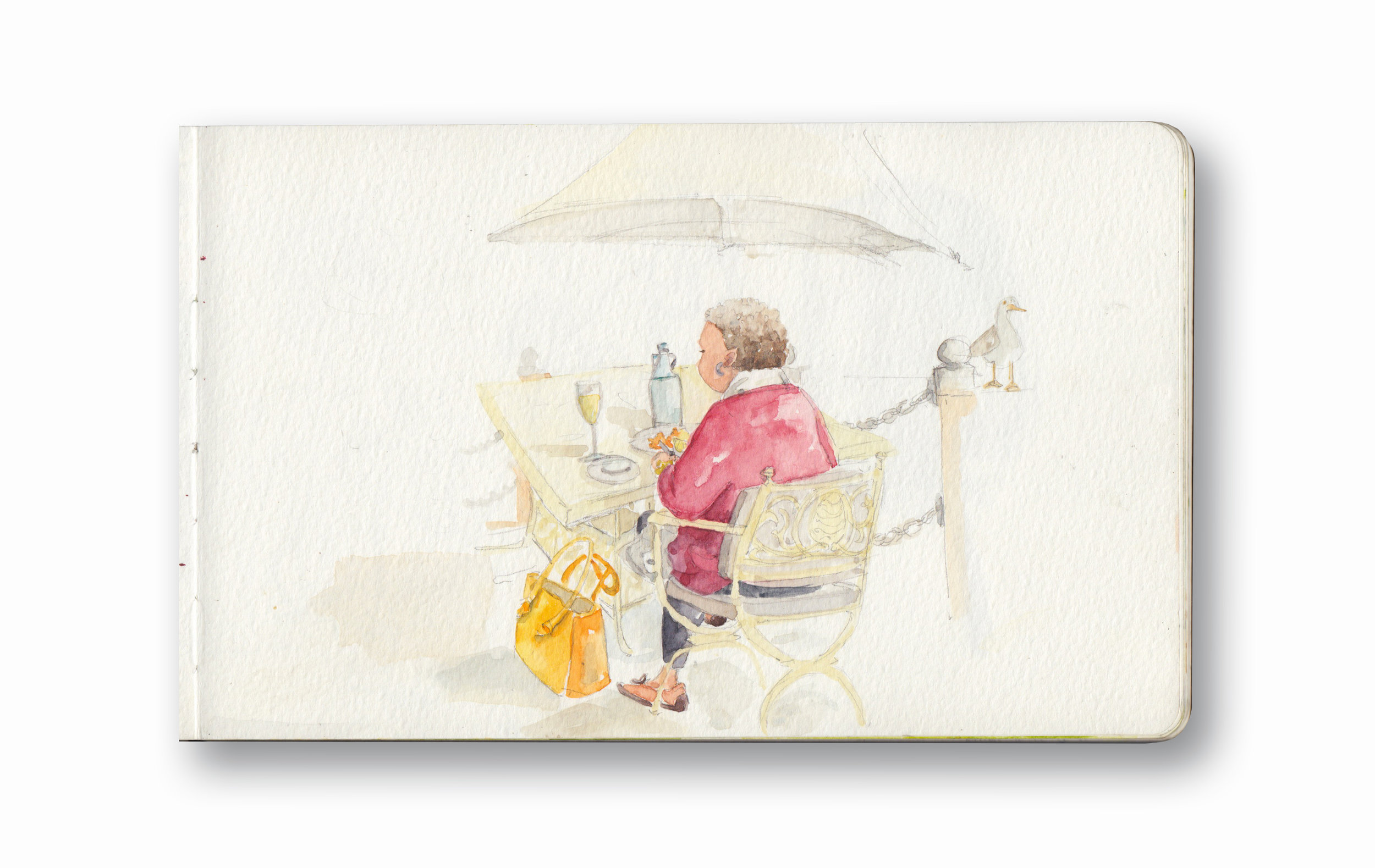 Woman Having Her Lunch - V&a MArina, Cape Town, Sa Watercolor & Gouache - MOleskine Sketchbook 5 x 8.25”
