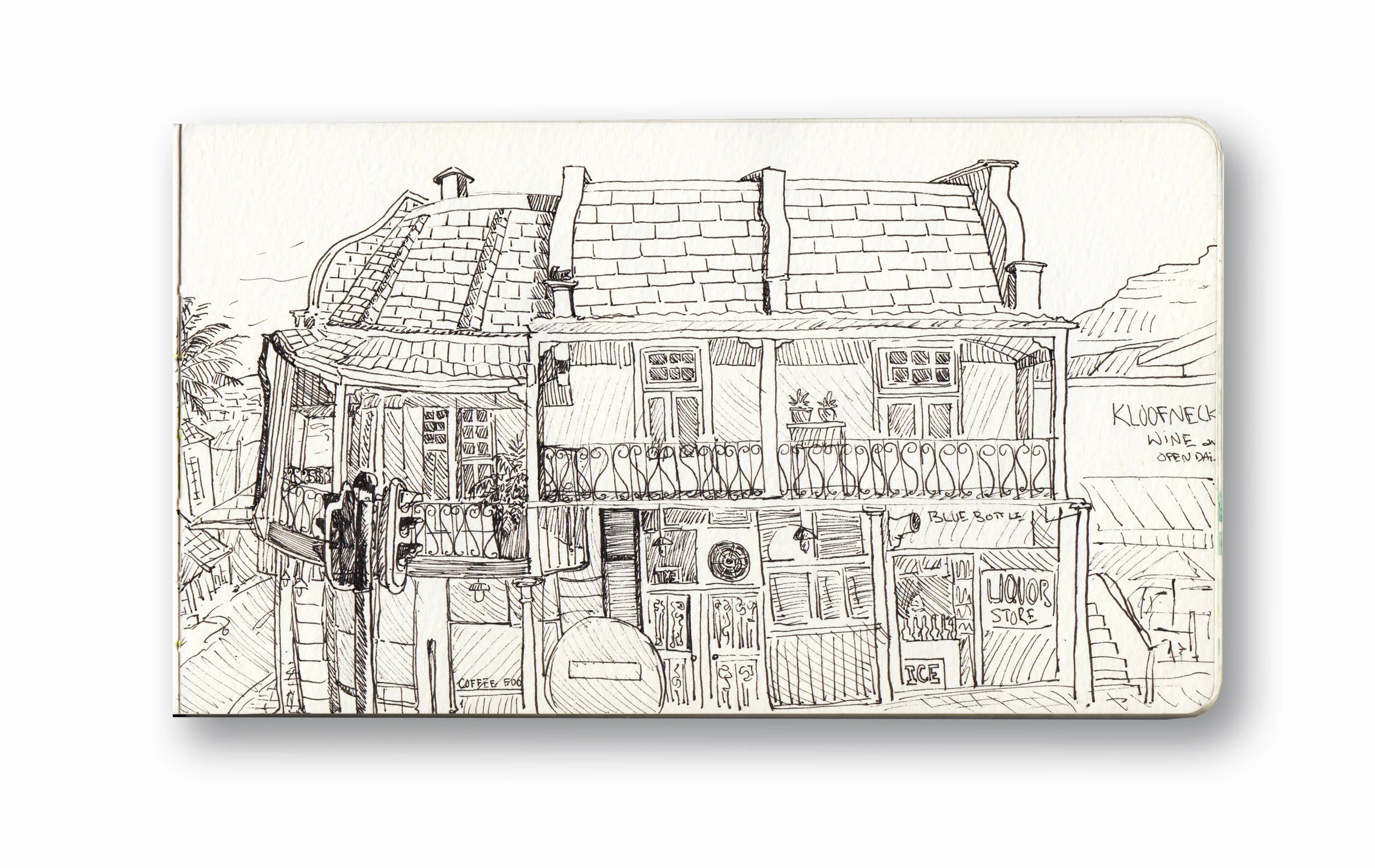 Kloofnek Street, The Power and the Glory, View from Beleza Tapas BAr - Cape Town, SA Pen Ink in Moleskine 5 x 8”
