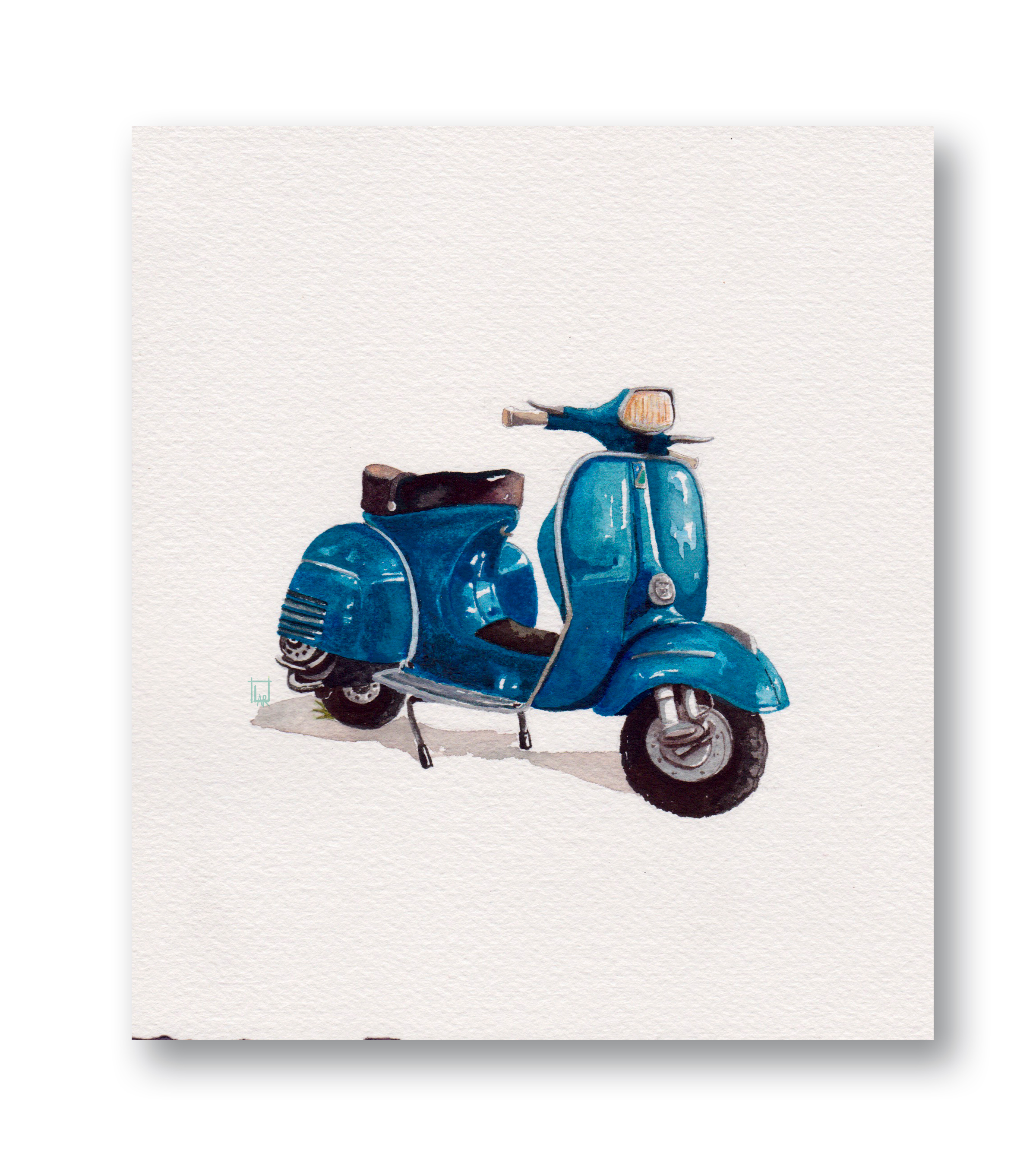 40’s Blue VespaGouache &amp; Watercolor 6 x 7”