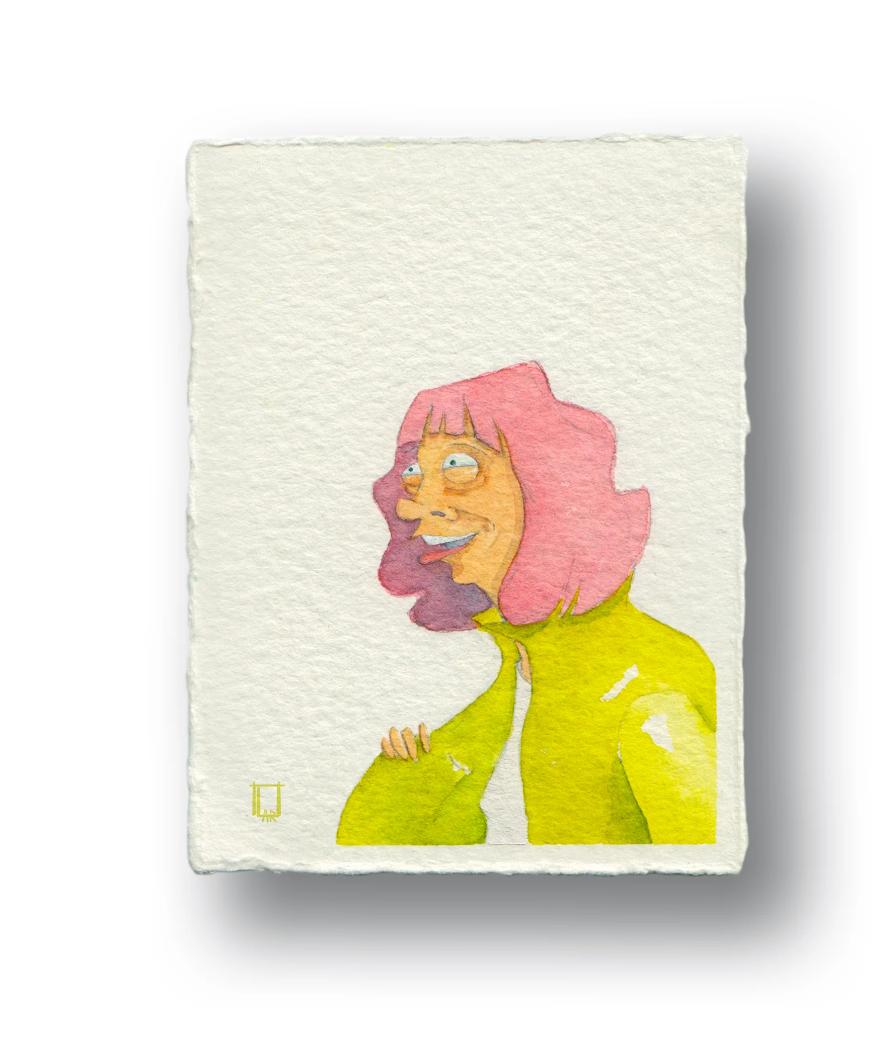 Lady with the pink hair Gouache & Watercolor 3 x 4”