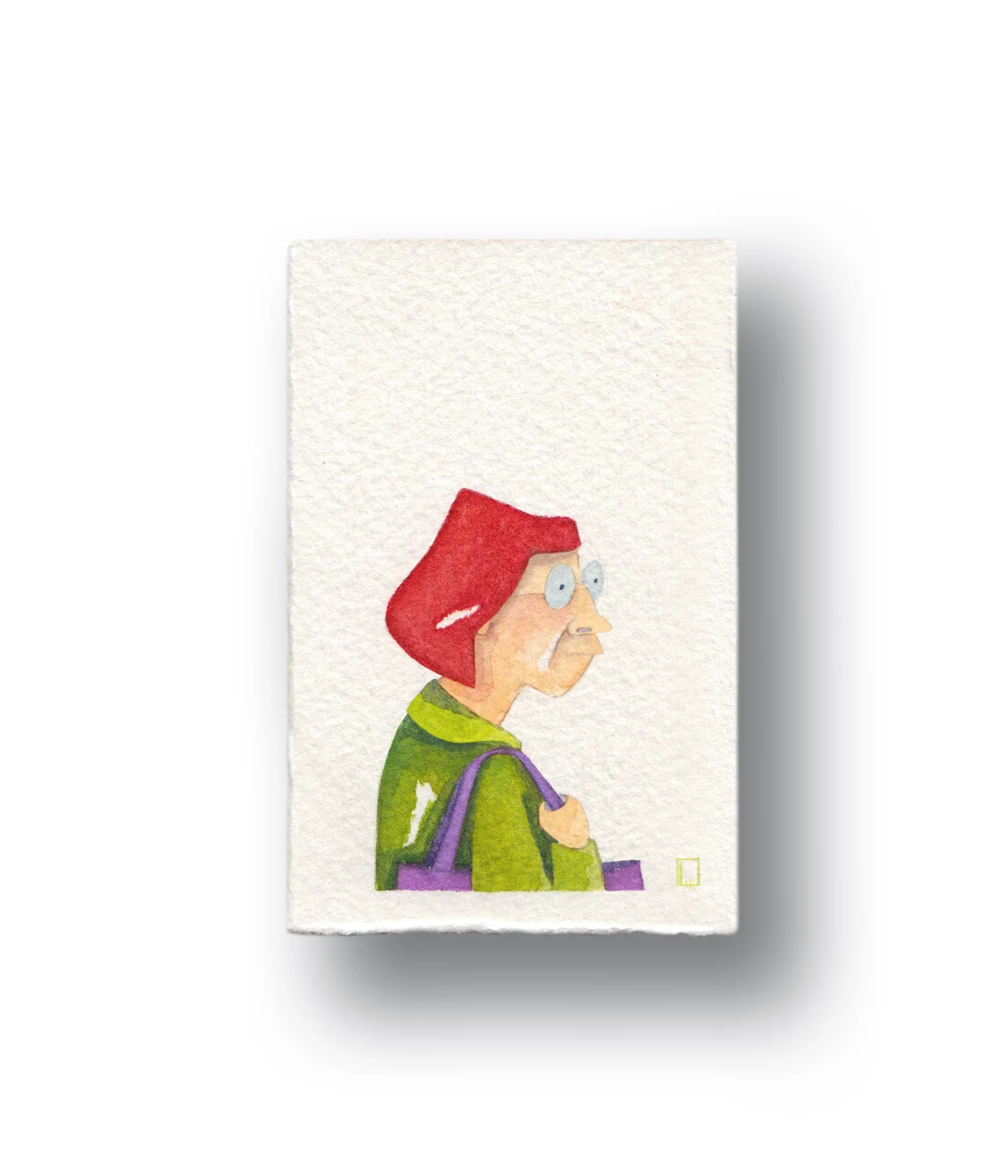 Lady waiting for her StarbucksGouache &amp; Watercolor1.5 x 2”