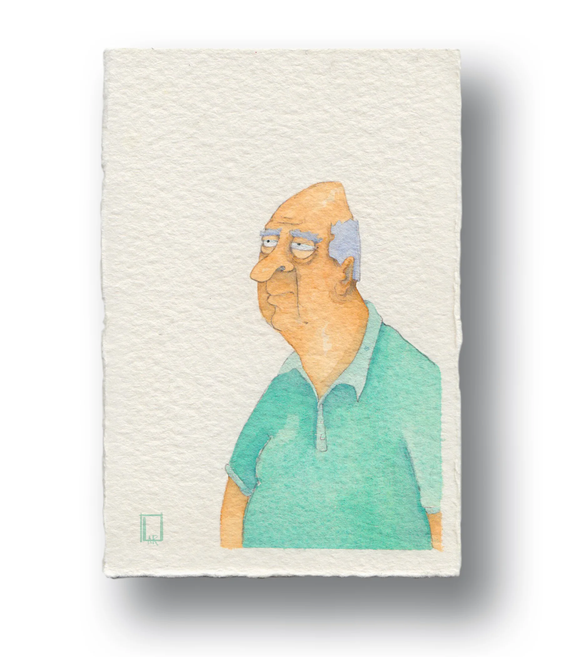 Old man in a polo shirtGouache &amp; Watercolor3 x 5”
