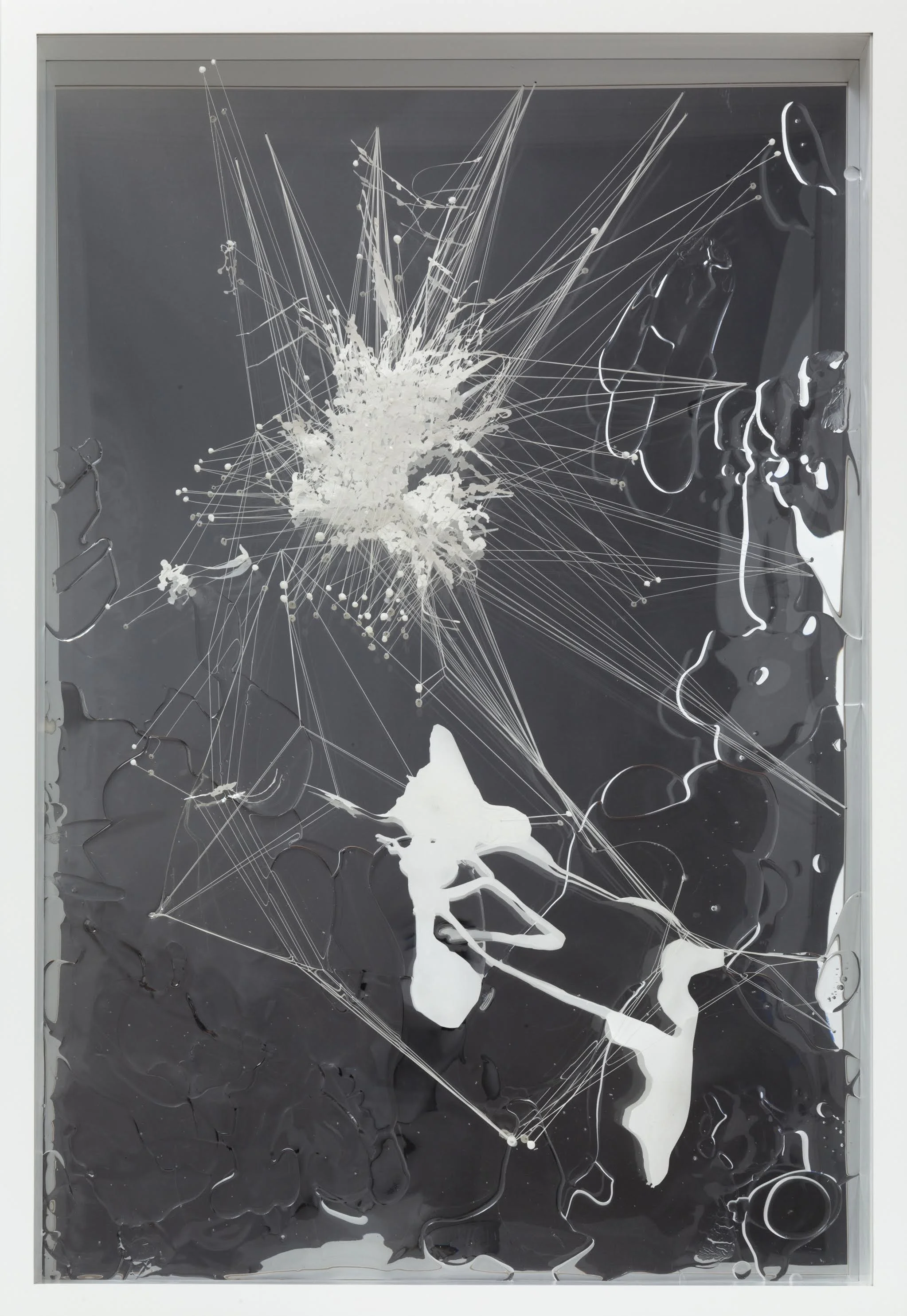 Stuck, 2010 Acrylic, mylar, thread, plexi-glass 50 x 34 inches