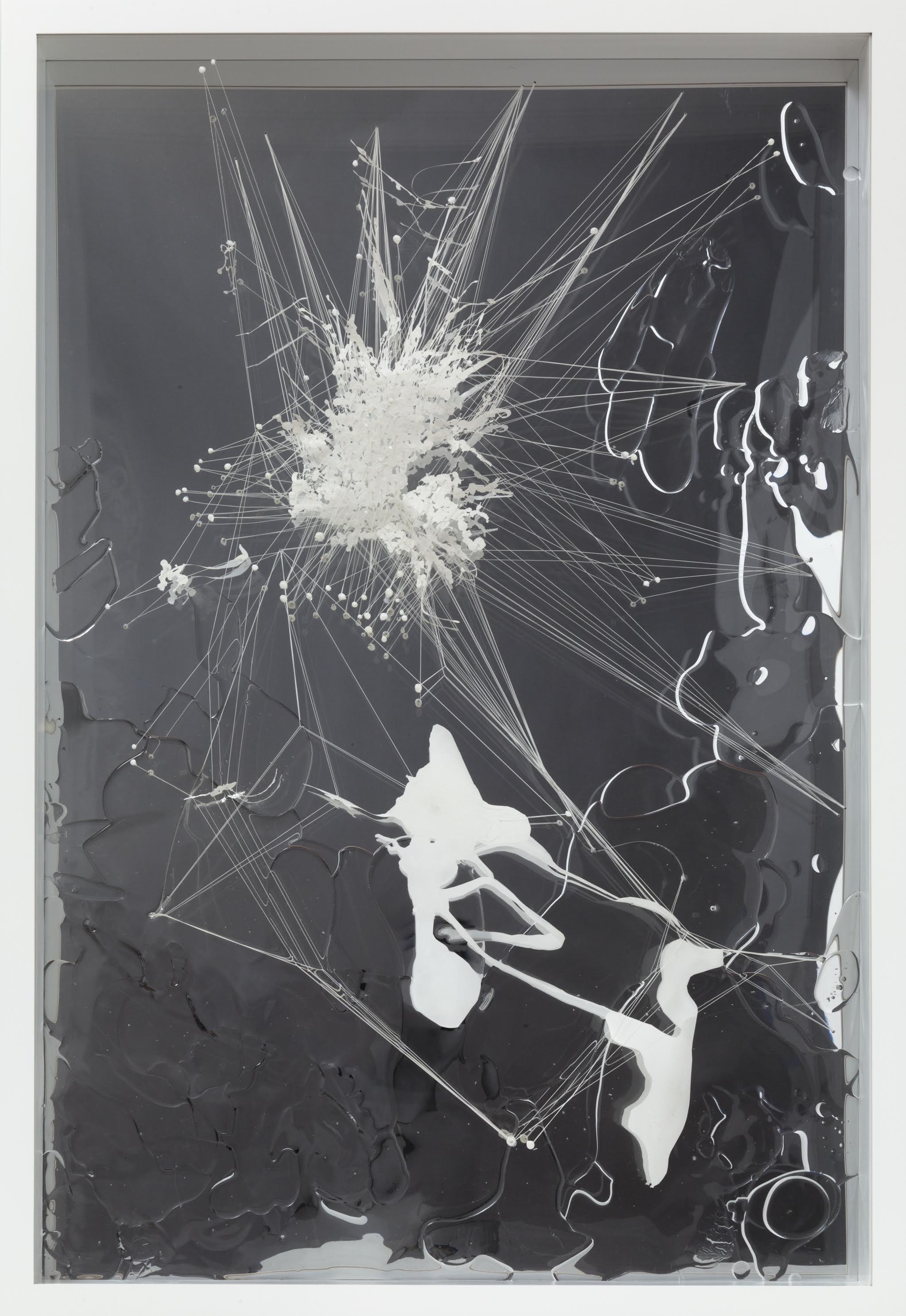   Stuck,&nbsp; 2010  Acrylic, mylar, thread, plexi-glass  50 x 34 inches 