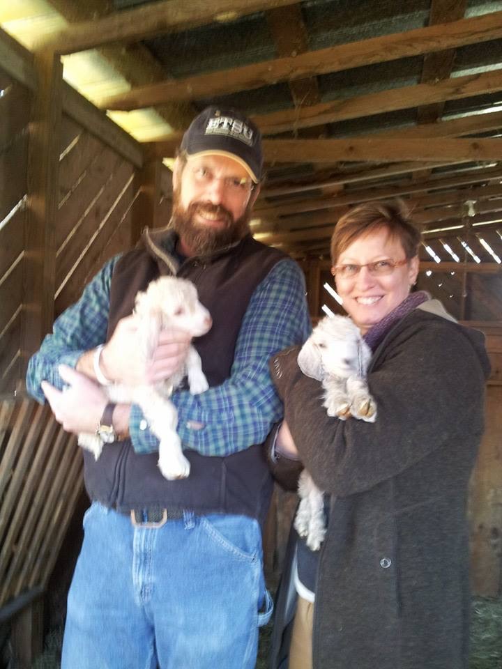 Jay and I with Pixie and Delphine, half sisters to our girls, from Good Fibrations Farm in Barnardsville, NC