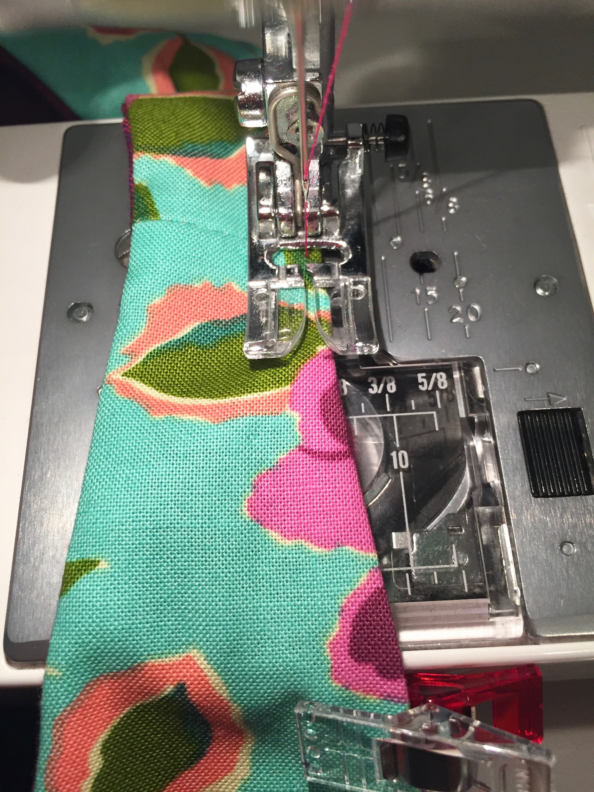 Edgestitch a scant 1/8" from the edge of the fabric. 