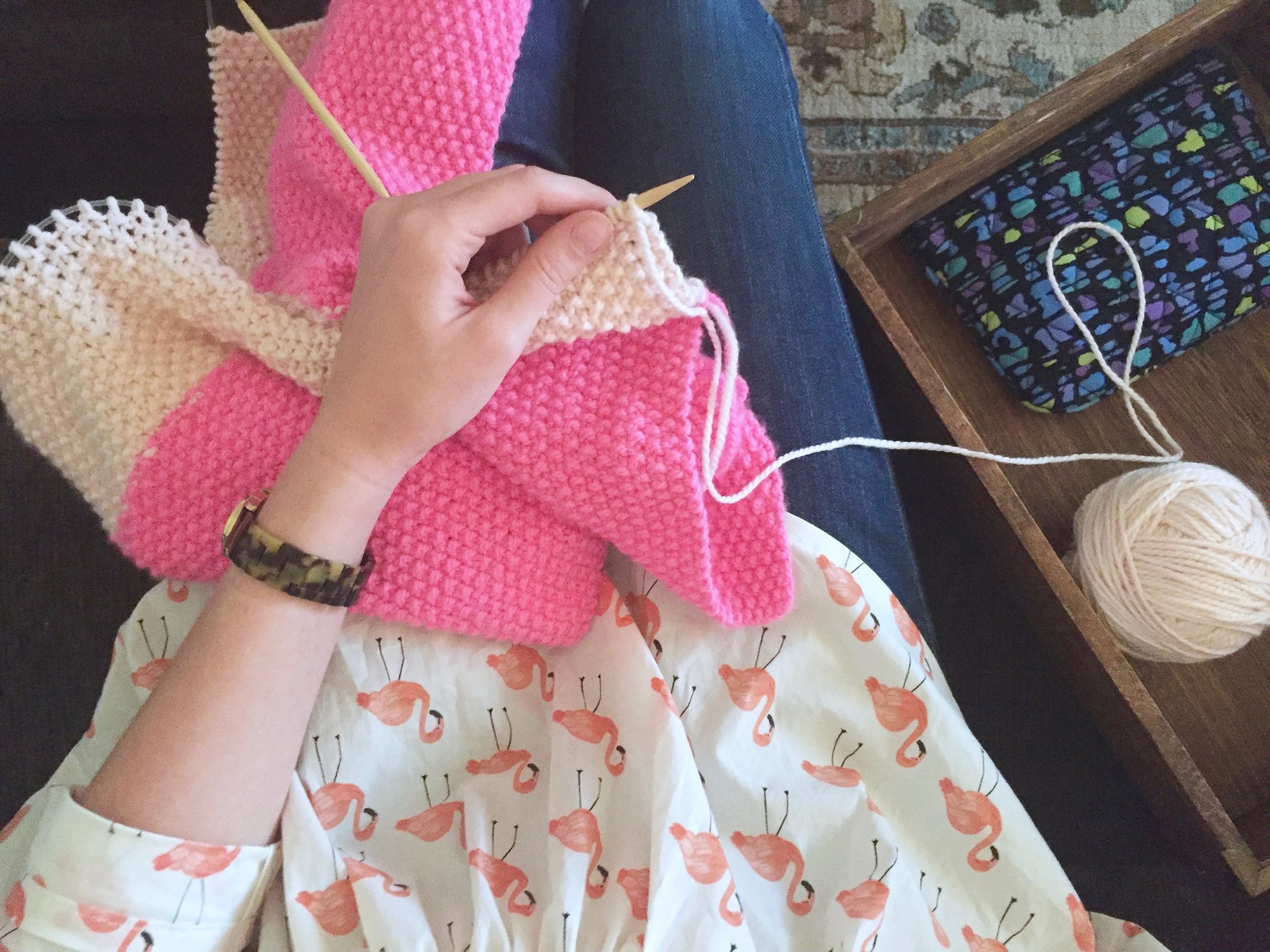 Is it really my blog if I don't post an artsy photo of me knitting while wearing my newest FO?