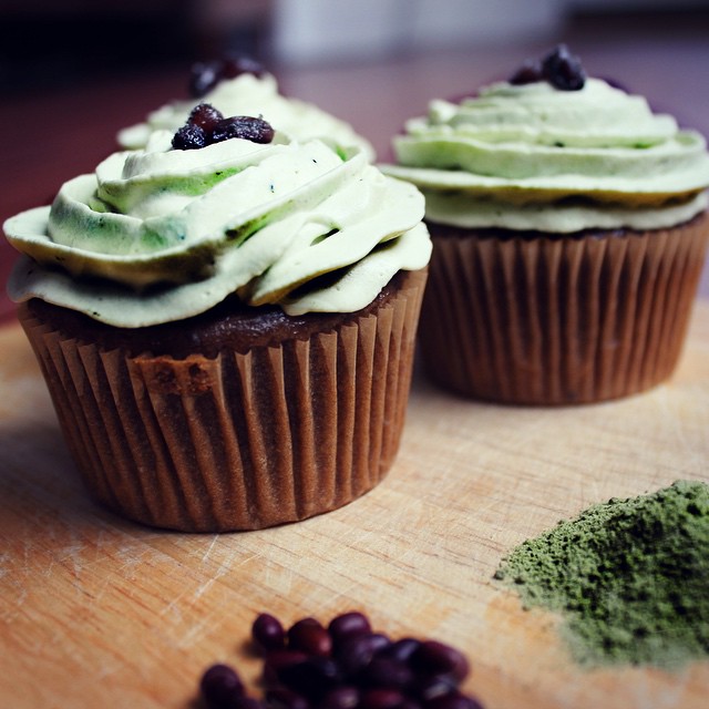 Adzuki Zen Cupcake: Red Bean Carob Cupcake with Green Tea Coconut Frosting