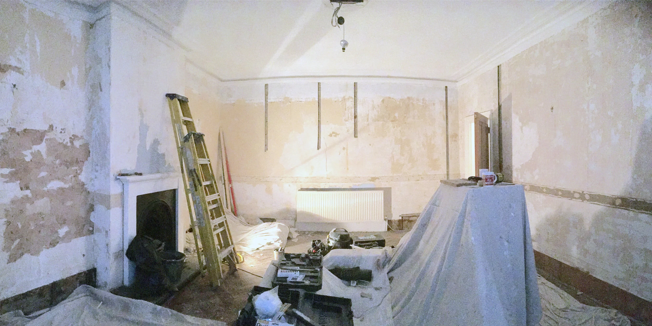 The living room at the end of the first day. 