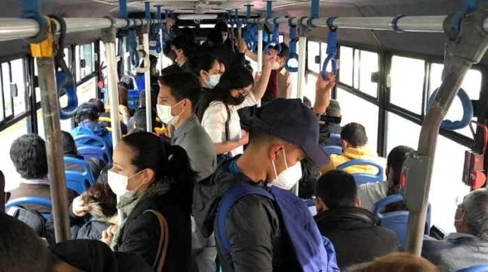 Inside a typical metro bus of Quito, Ecuador