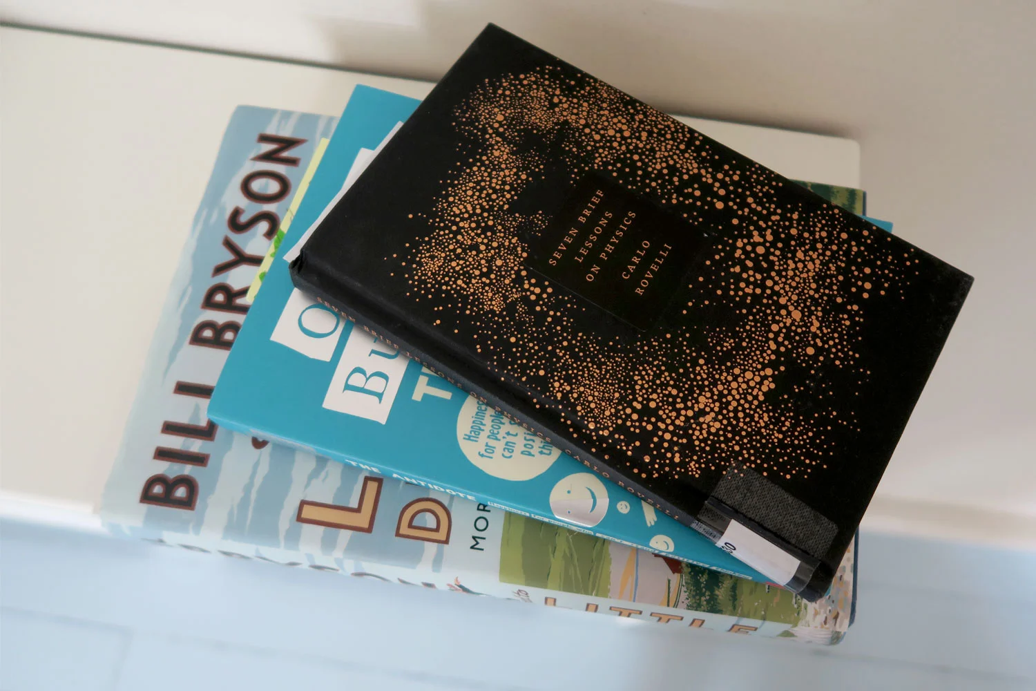 Current reading stack, strategically positioned so I HAVE to walk past it every time I enter my living room. Subtle nudges to prompt more 'real' reading.