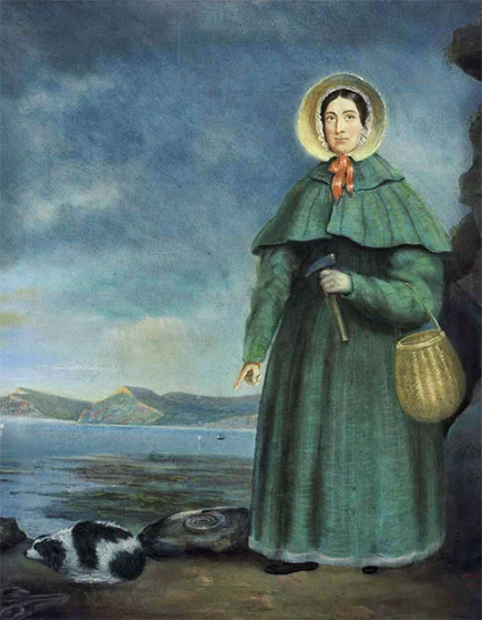 Painting of Mary Anning, fossil hunting at Lyme Regis
