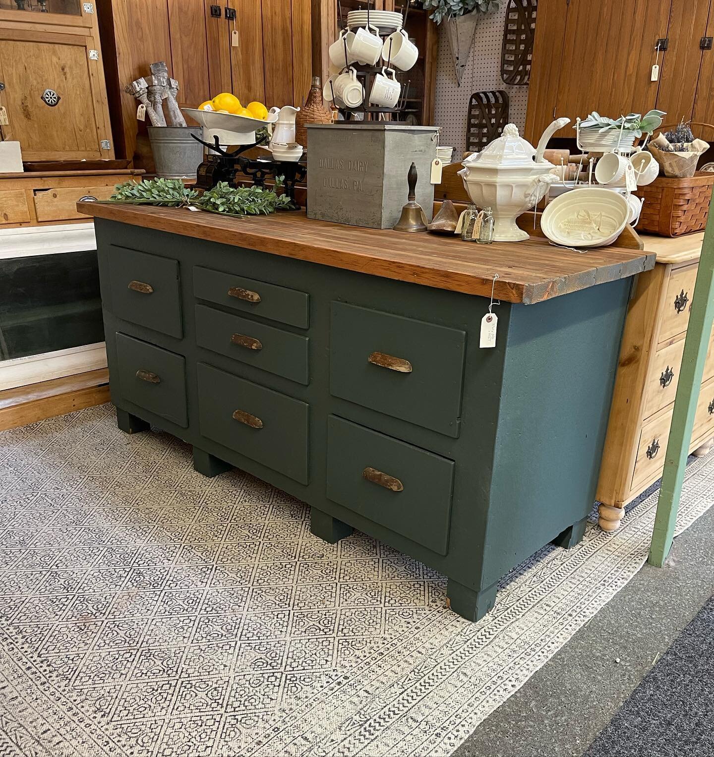 How beautiful is this vintage butcher block workbench?? This amazing piece just came in last night! The butcher block top is beautifully made and look at all the storage this piece has!! Stop by this week to check it out :)

Price: $825
Measurements: