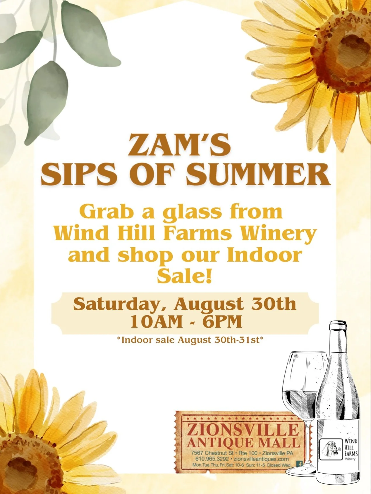 Come and join us for a day full of awesome Antiques, great Wine, and farm fresh florals! Grab a glass of wine from Wind Hill Farms to sip on while you shop for unique one of a kind antique and vintage treasures! Then make your own bouquet from Schult