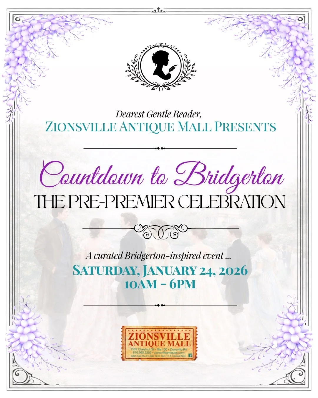 ✨ Dearest Gentle Reader&hellip; ✨

The Ton is stirring.

Join us for Countdown to Bridgerton: The Pre-Premiere Celebration, an immersive, Regency-inspired experience unfolding within Zionsville Antique Mall.

Stroll the aisles as though promenading t
