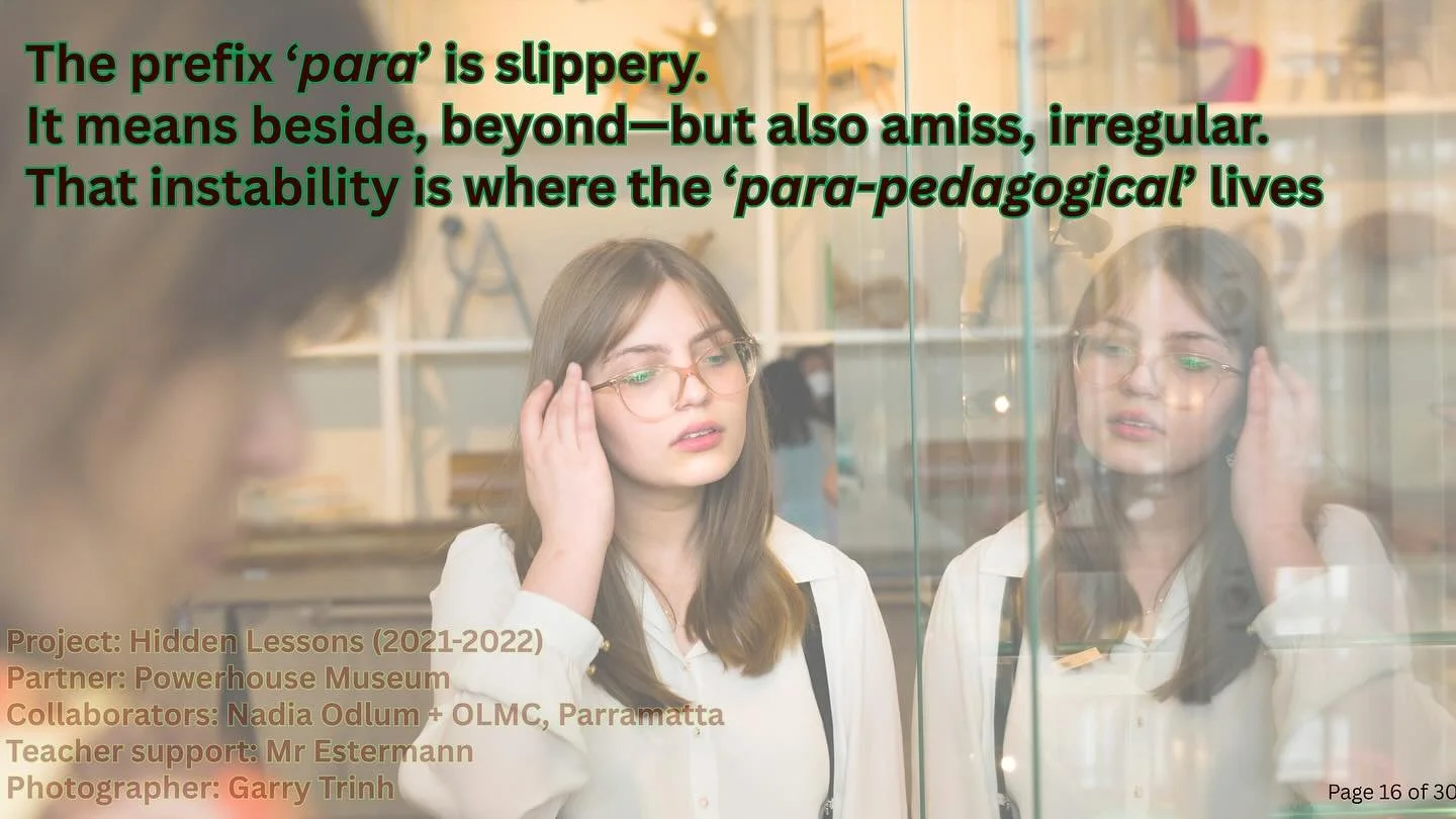 The Para-Pedagogical: Liberating Pedagogy to Transform Cultural Institutions 🪨 

Conference paper for #inclusivemuseum #EighteenthInternationalConferenceEnginesofInnovationandSocialParticipation

A selection of slides in a non-linear order ⭕️ 

So, 