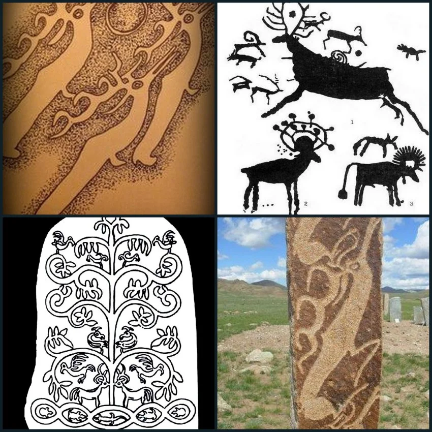 Deer Stones Image Source Wikipedia. Upper Left Image: Pen and Ink Sketch of Mongolian Deer Stone by Penny Sinclair, Scottish Narratives.
