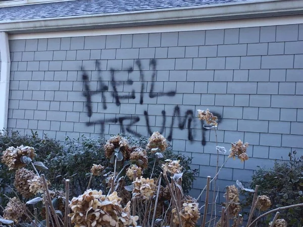 A local church littered with graffiti just after the election. Left unchecked, this hatred is continuing to grow. 