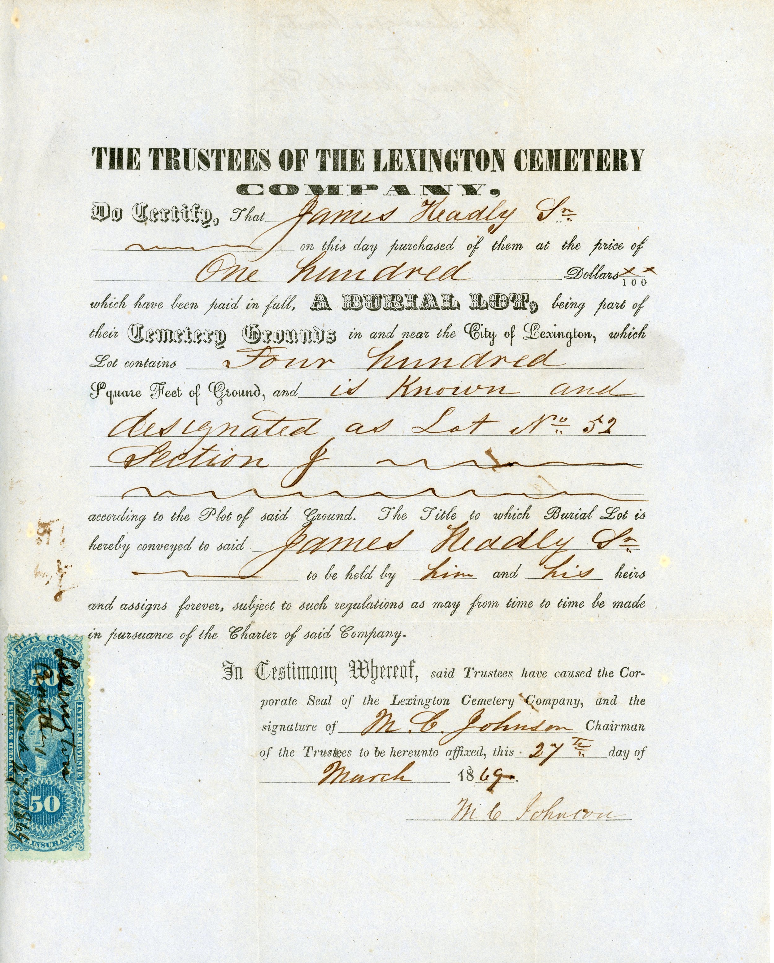 James S. Headley Cemetery Plot Deed