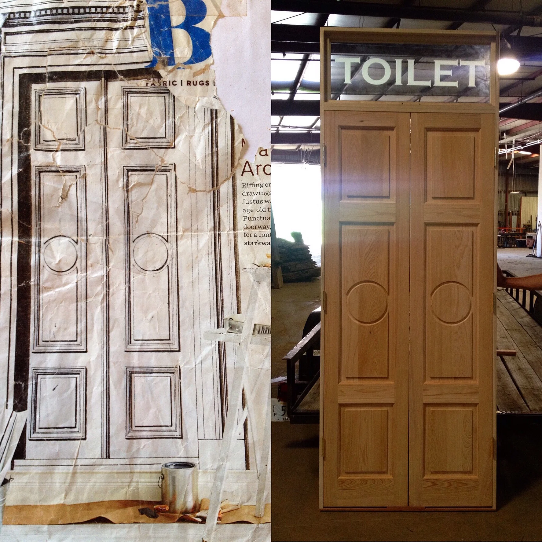 Someone asked us to build a cypress door (picture to the right) to match the sketch on the left but add a transom and include the piece of etched glass you see above the doors. 