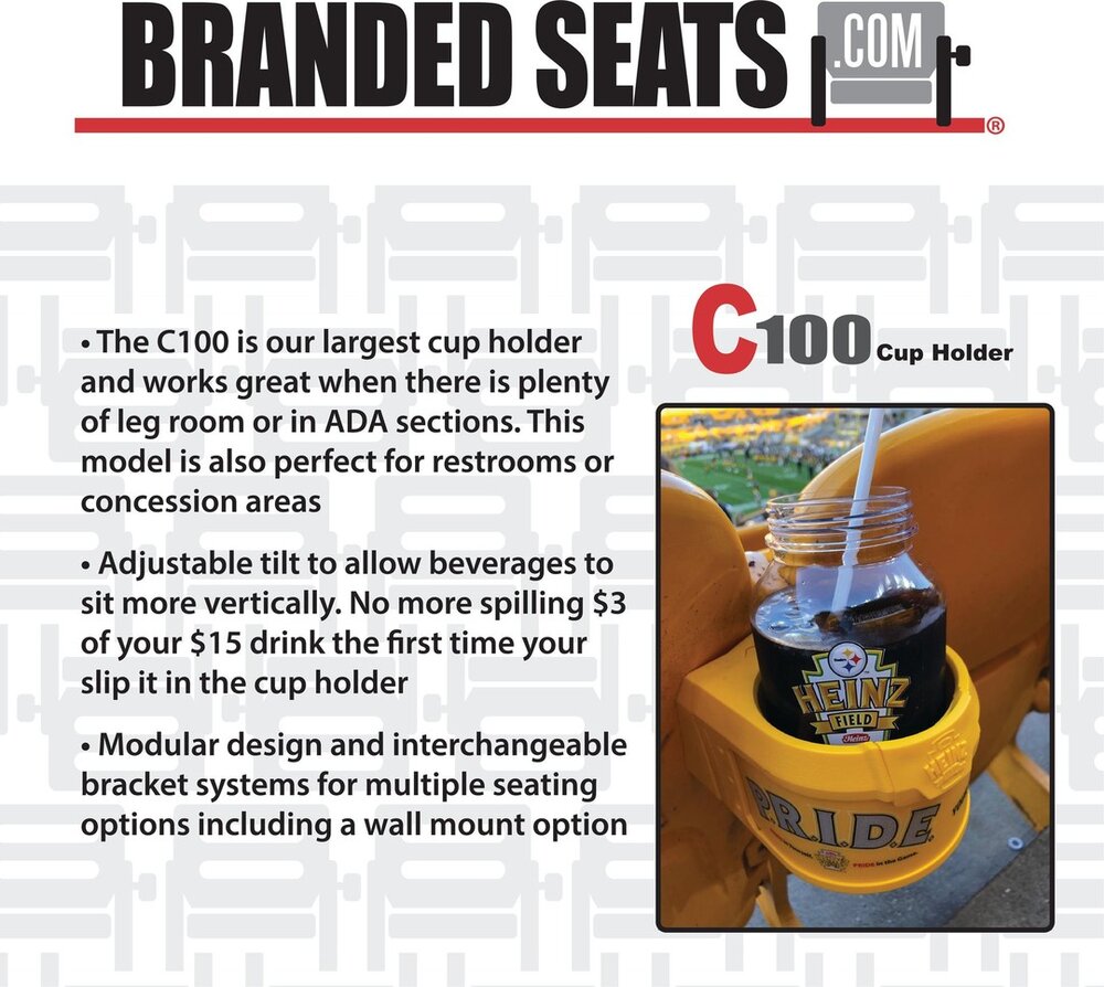 Meet C100 ~ Our largest stadium cup holder with updateable snap graphic advertising. Great for venue ADA sections, restrooms, and concession areas. #stadium #cupholders #inseatadvertising #updateable #nostickers #madeintheusa #brandedseats