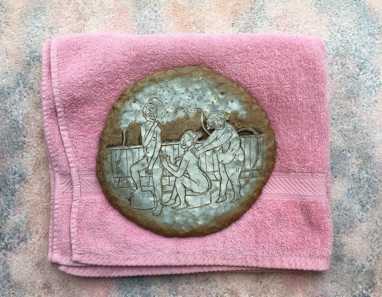 Tri-generational butt scrubbers, 2016 stoneware, towel 13 1/2 x 15 1/2 x 2 inches