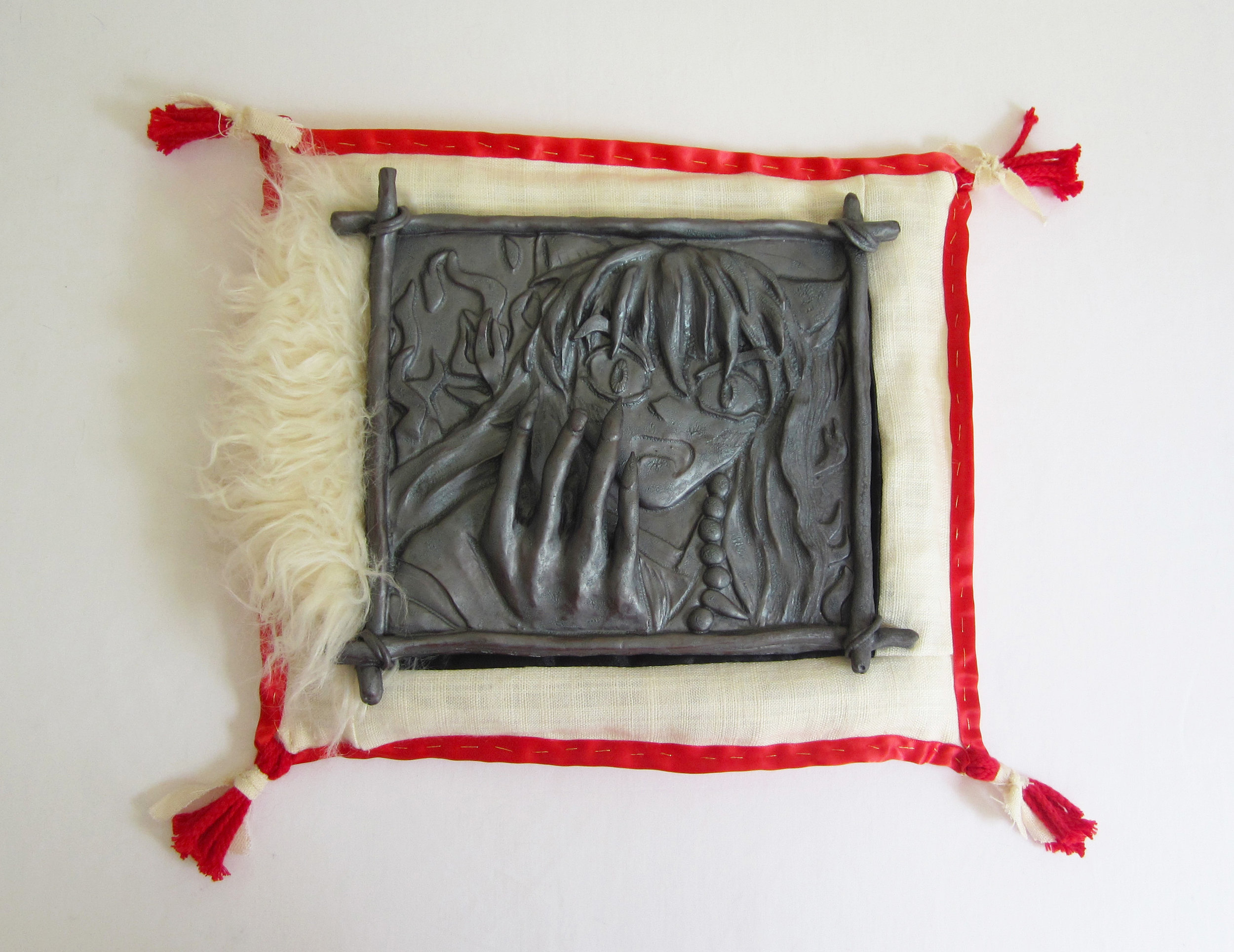 Inuyasha, 2017 glazed porcelain, linen, satin, satin ribbon, cotton cord, faux fur, cotton scrap stuffing 13 x 15 x 2 1/2 inches