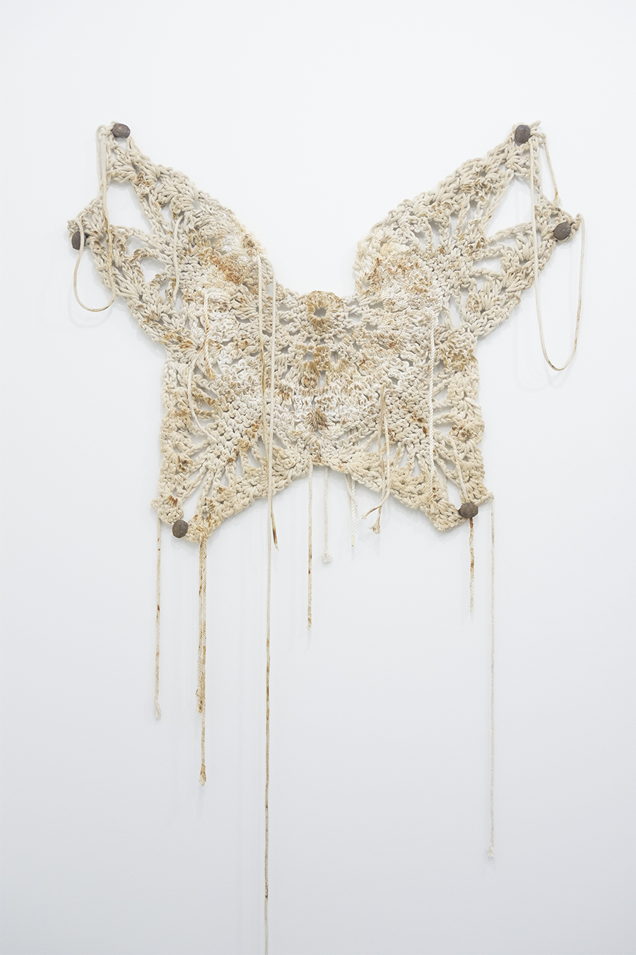 The Dream (after Zhuangzi, Puccini, Hwang, Weezer, etc… ), 2018 Nylon and cotton rope, railroad spikes, rust, vinegar