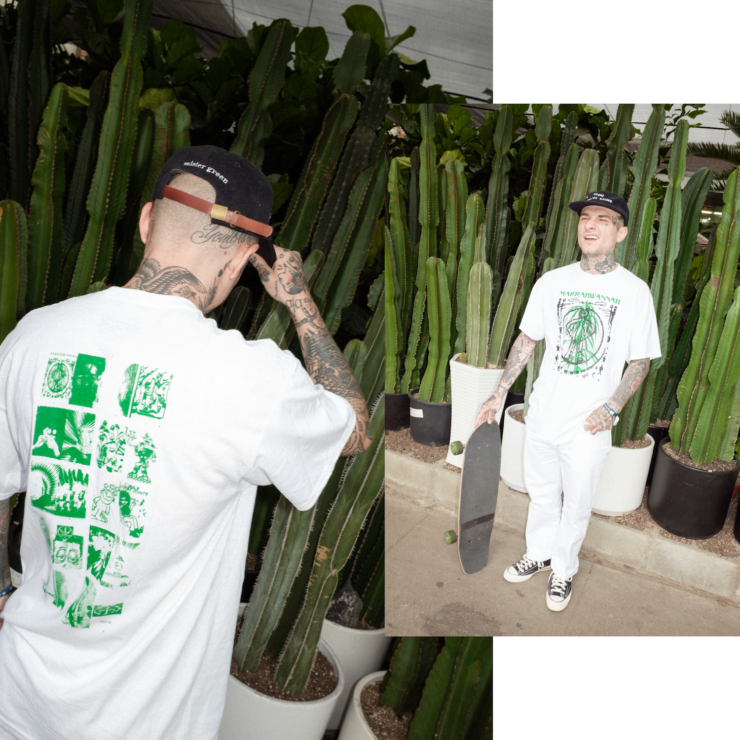 Smoke Mother Nature Cap, Mister Green x PRMTVO MARRAHWANNAH tee, Green Dickies, Cactus Plant Flea Market bracelet, Converse