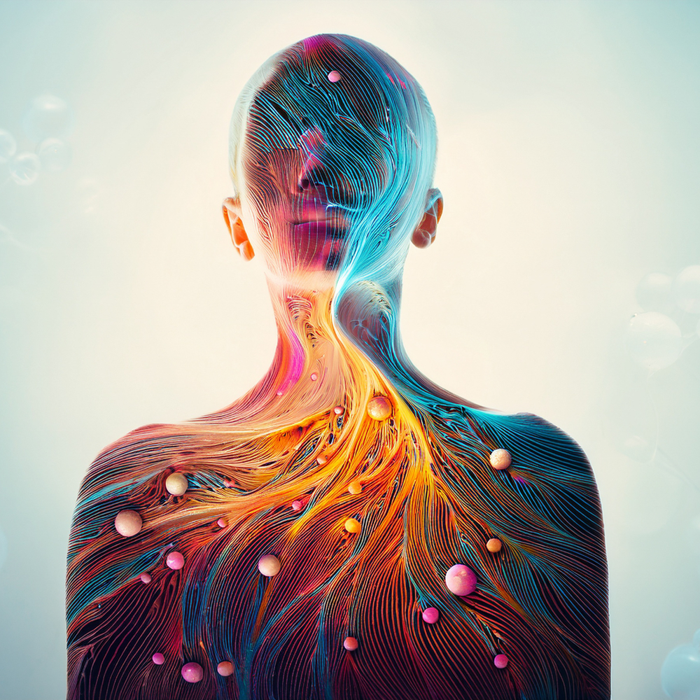 An artistic illustration of a person with flowing colored lines across the head and body