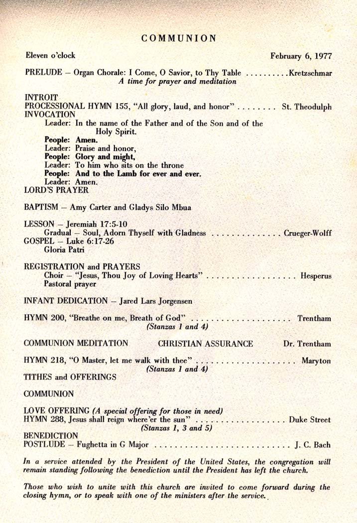 1977-02-06 Worship Guide - Amy Carter Baptism