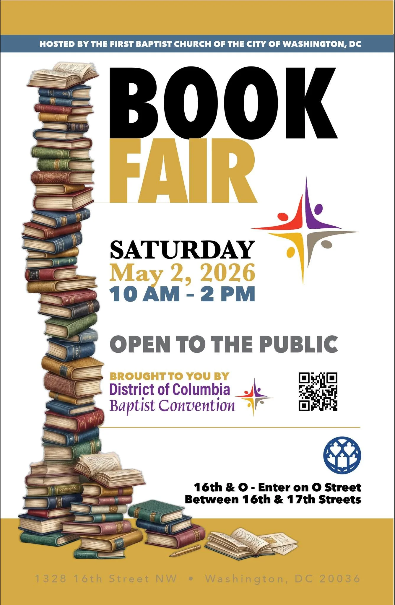 Something special is happening next Saturday.

First Baptist is hosting the Second Annual DC Baptist Convention Book Fair, and if you love books, authors, and good conversation, this one's for you.

📅 Saturday, May 2
⏰ 10:00 AM &ndash; 2:00 PM
📍 Co