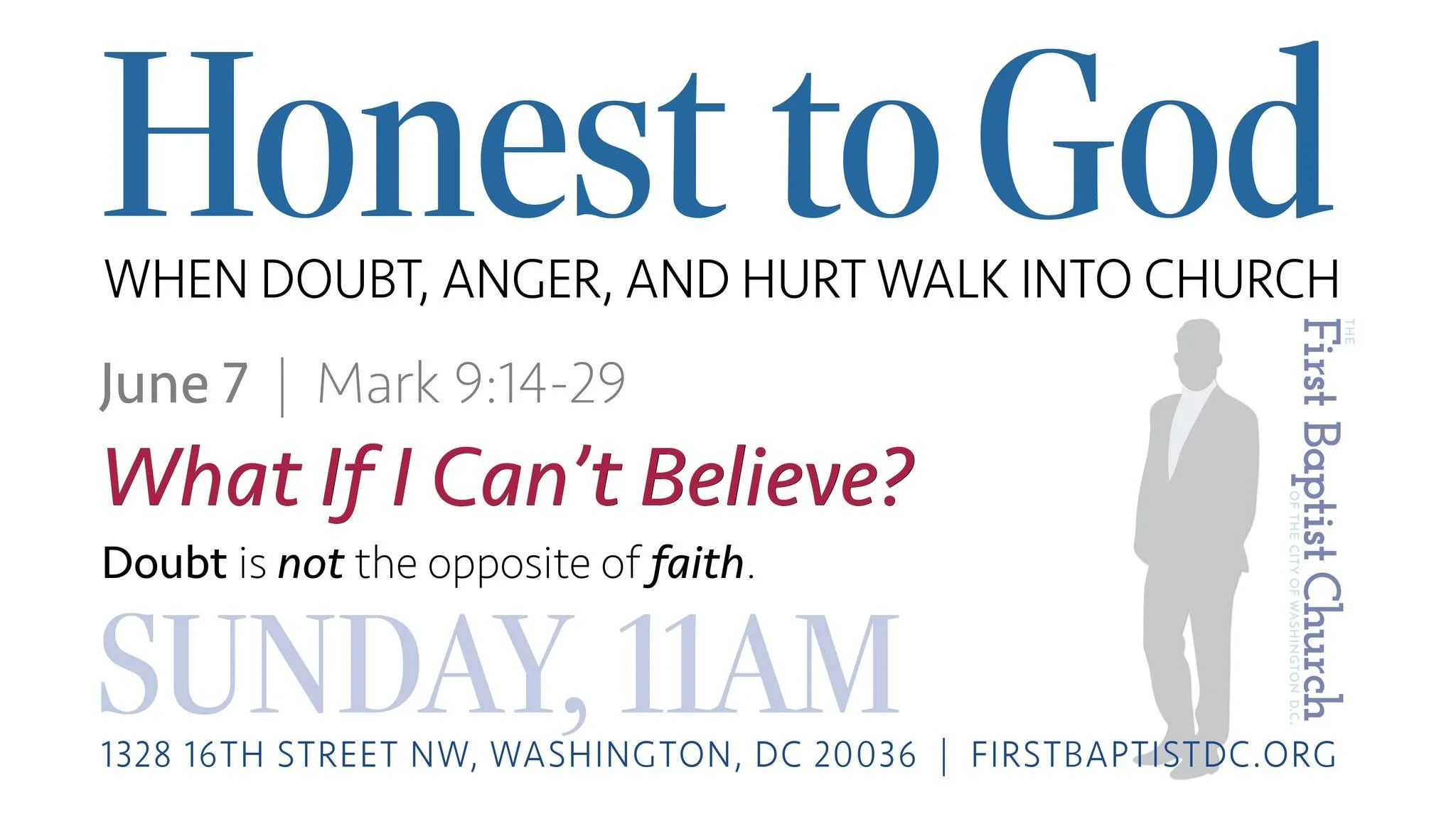 This morning, Pastor Julie begins something new.

The series is called "Honest to God," three sermons for anyone who's tired of pretending when it comes to faith. Today's is the first: What If I Can't Believe?

It starts with a father in Ma