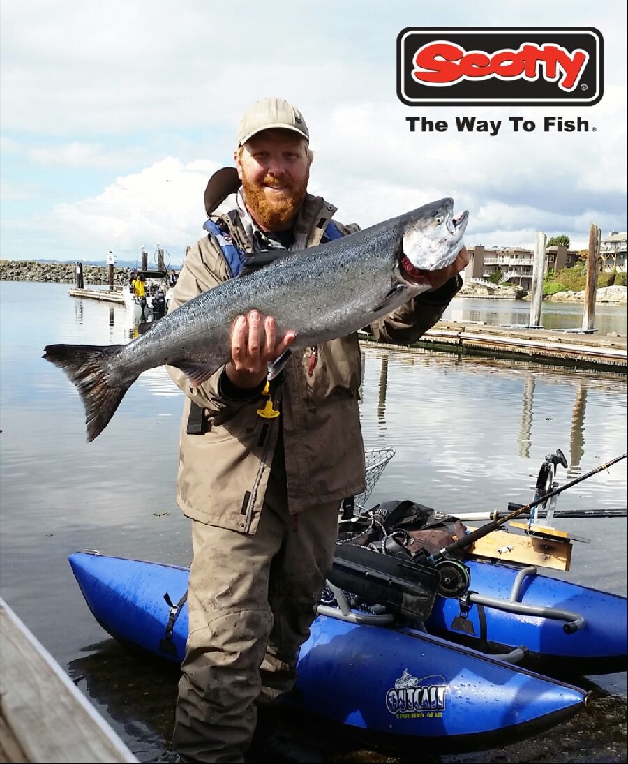Tim with a Scotty 2016 catalog photo contest winning shot of a beautiful Chinook salmon from his pontoon boat in Esquimalt, BC.