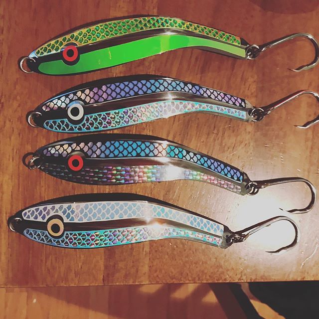 Whipped up a couple fancy 7&rdquo; spoons for today&rsquo;s fishing partners. Even threw some colour on the hooks!  @nicefish66 @cameronyak #aptackleworks @aptackleworks #fishingbc