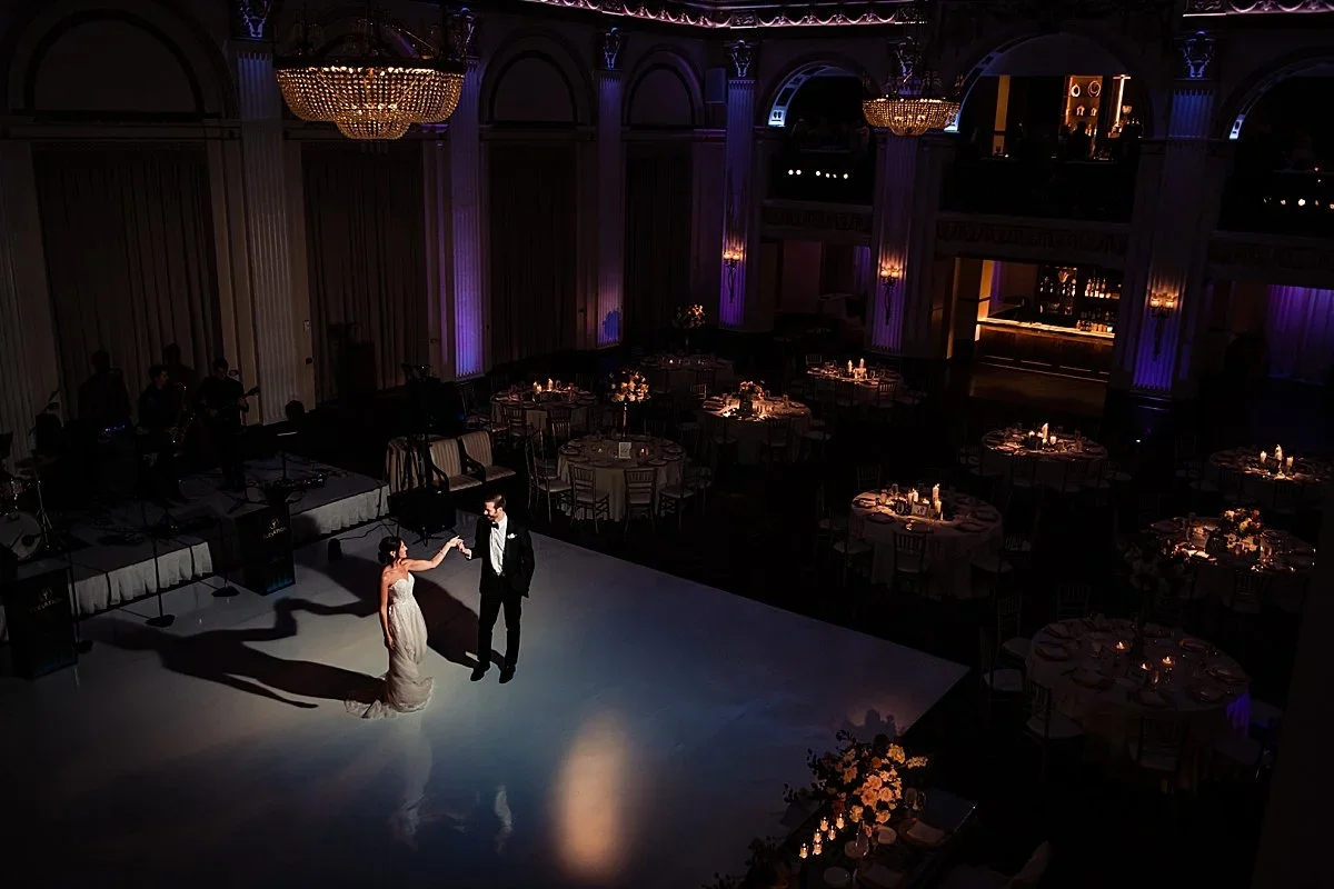 Sarah and Andy's first dance in the ballroom at Ballroom at the Ben