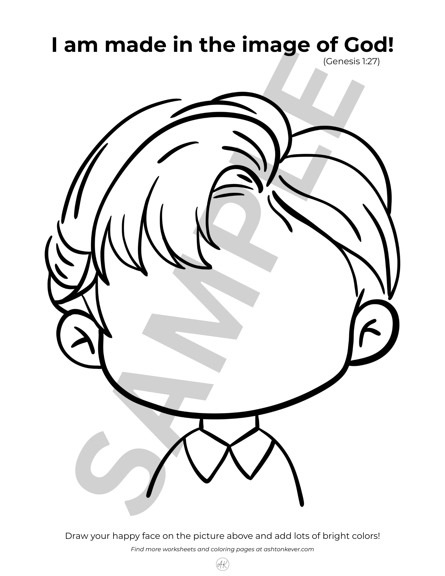 Boy coloring 'Made in the Image of God' page.